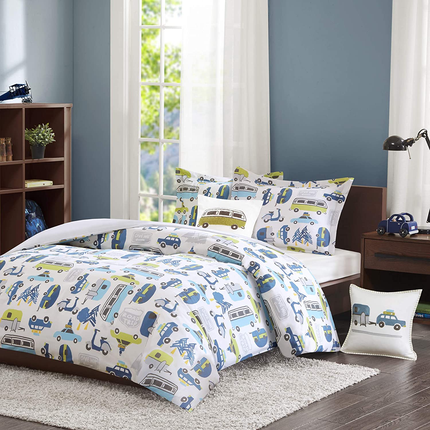 Price:$79.99 Kids Road Trip Full/Queen Duvet Cover Set Kids Boy - White Blue , Car – 4 Piece Bed Set Cover – 100% Cotton Kid Boys Bedding Set : Home & Kitchen