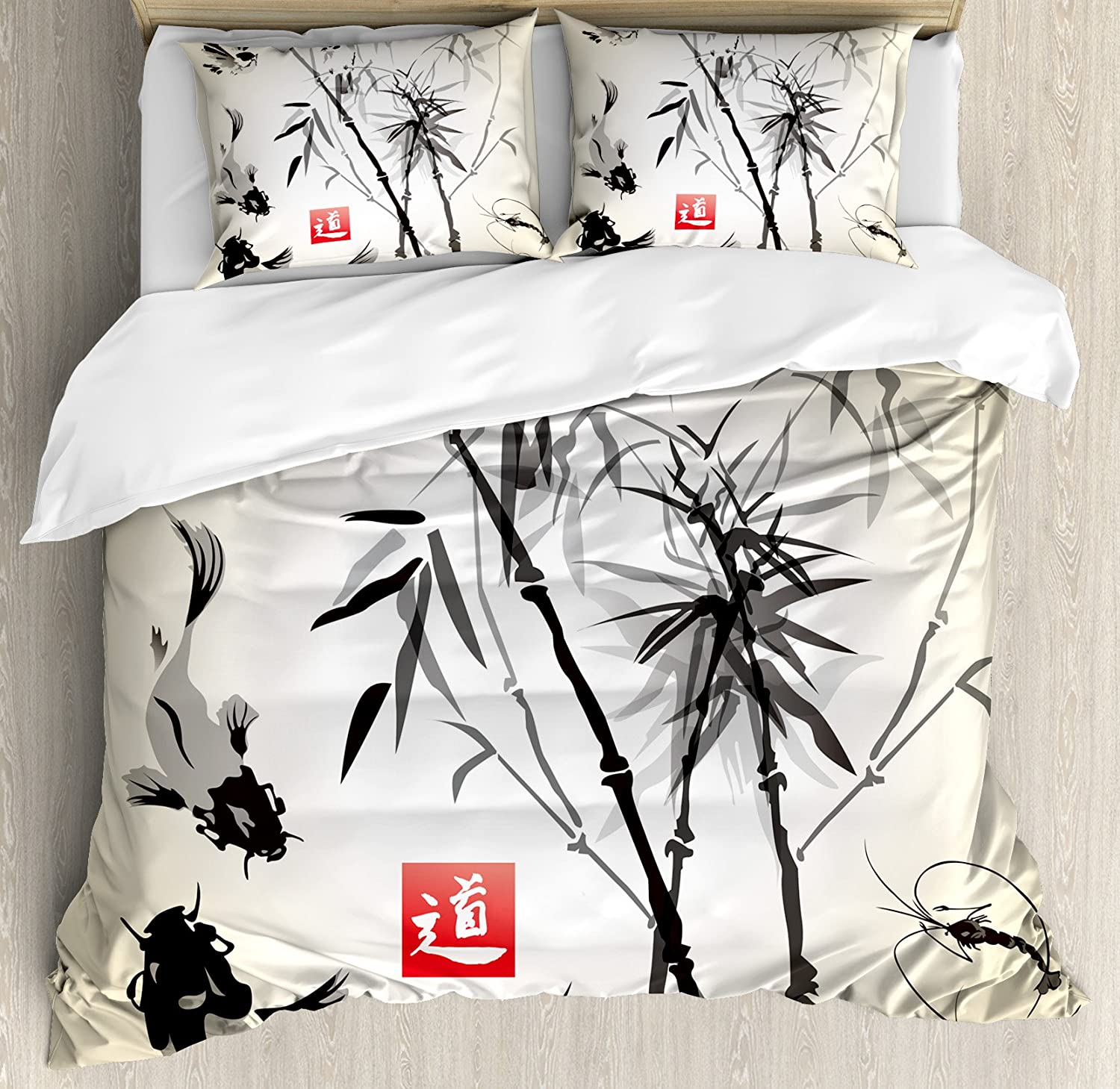 Price:$79.95 Japanese Duvet Cover Set, Japanese Traditional Garden Design Wildlife Forest Meditation Origami, Decorative 3 Piece Bedding Set with 2 Pillow Shams, Queen Size, Black and White : Home & Kitchen