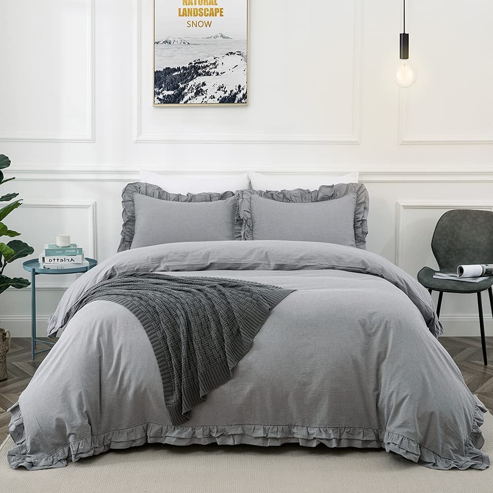 Price:$60.99 100% Washed Cotton Off Gray Ruffled Duvet Cover Set,Breathable, Durable, Soft and Comfortable，Shabby Duvet Cover Set 3 Pieces (Gray,King) : Home & Kitchen