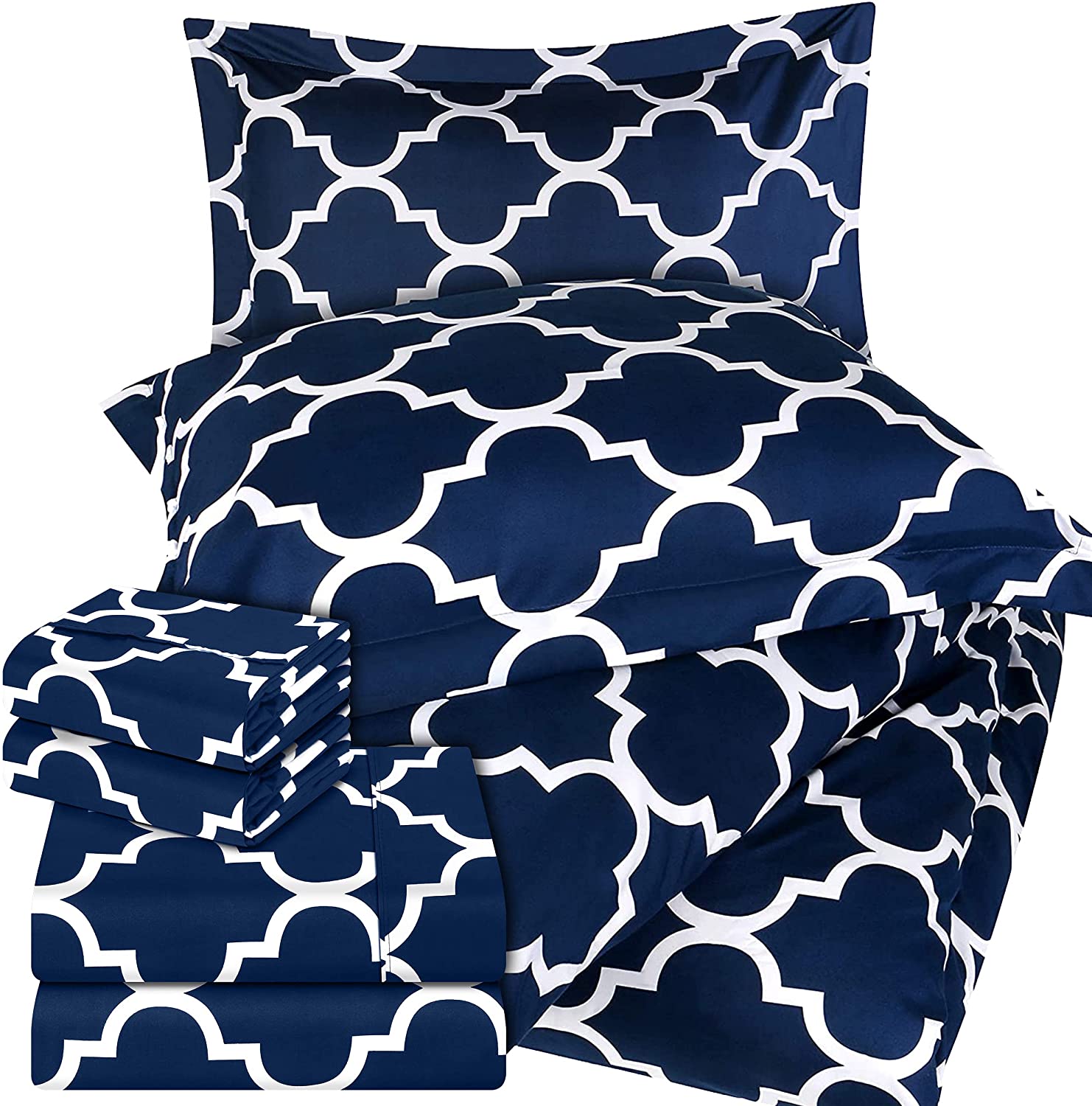 Price:$34.49 Bedding, Duvet Cover Set, Printed Sheet Set, Ultra Soft Brushed Microfiber, (Queen, Quatrefoil Navy) - Pack of 7 : Home & Kitchen