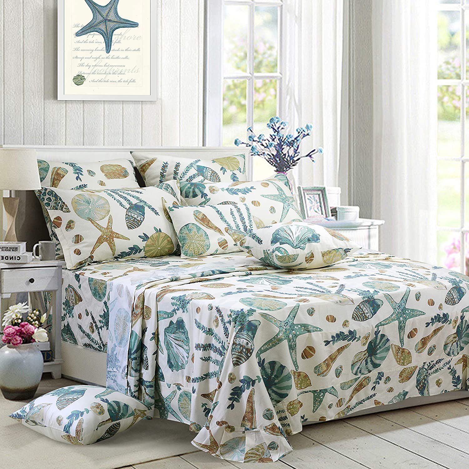 Price:$98.00 Sheet Set Queen Beach Themed Bedding Sets 100% Cotton Super Soft Coastal Bedding White Teal Seashells and Starfish Nautical Bedding with Deep Pocket Fitted Sheet 4-Pieces Queen Size : Home & Kitchen