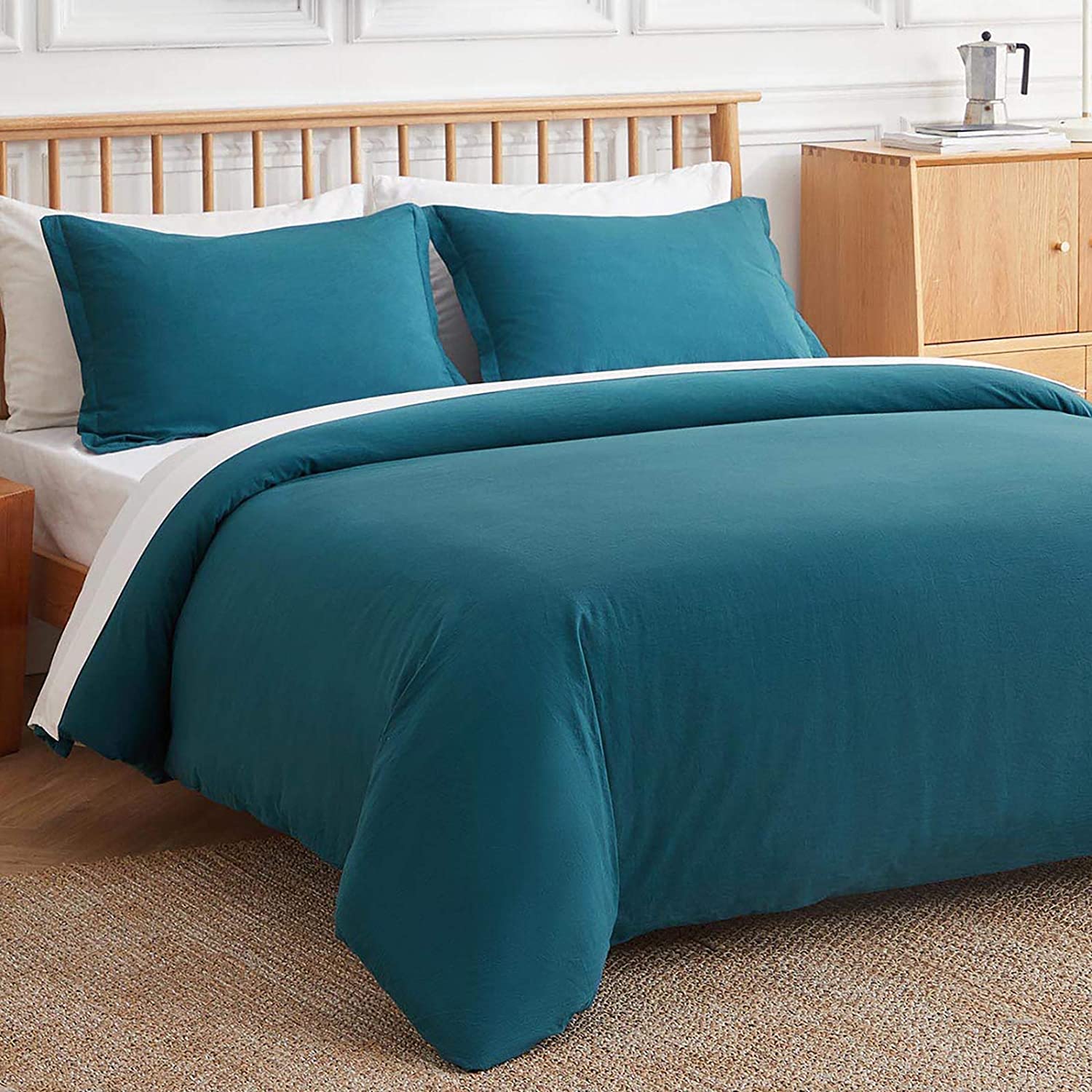 Price:$44.99 Cotton Duvet Covers Queen Size - 100% Washed Cotton Comforter Cover with Zipper Closure & Corner Ties, Soft Breathable 3 Pieces Duvet Cover Set Queen (90x90 inch), Teal : Home & Kitchen