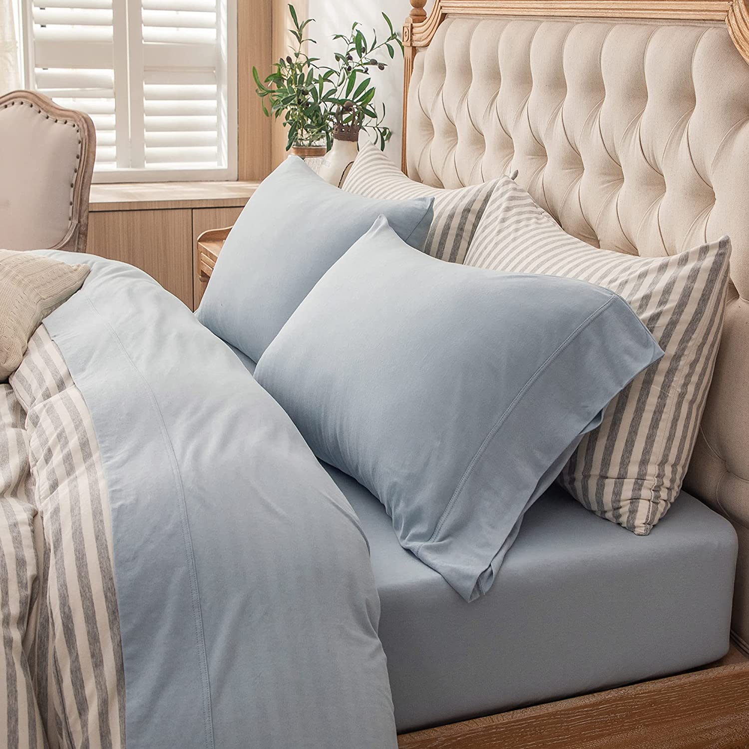 Price:$69.99 ERA Jersey Knit 4pc Bed Sheet Set 100% T-Shirt Cotton Super Soft Comfy Breathable Fits Mattress Up to 20" Extra Deep Pocket (Solid Light Blue, Queen) : Home & Kitchen