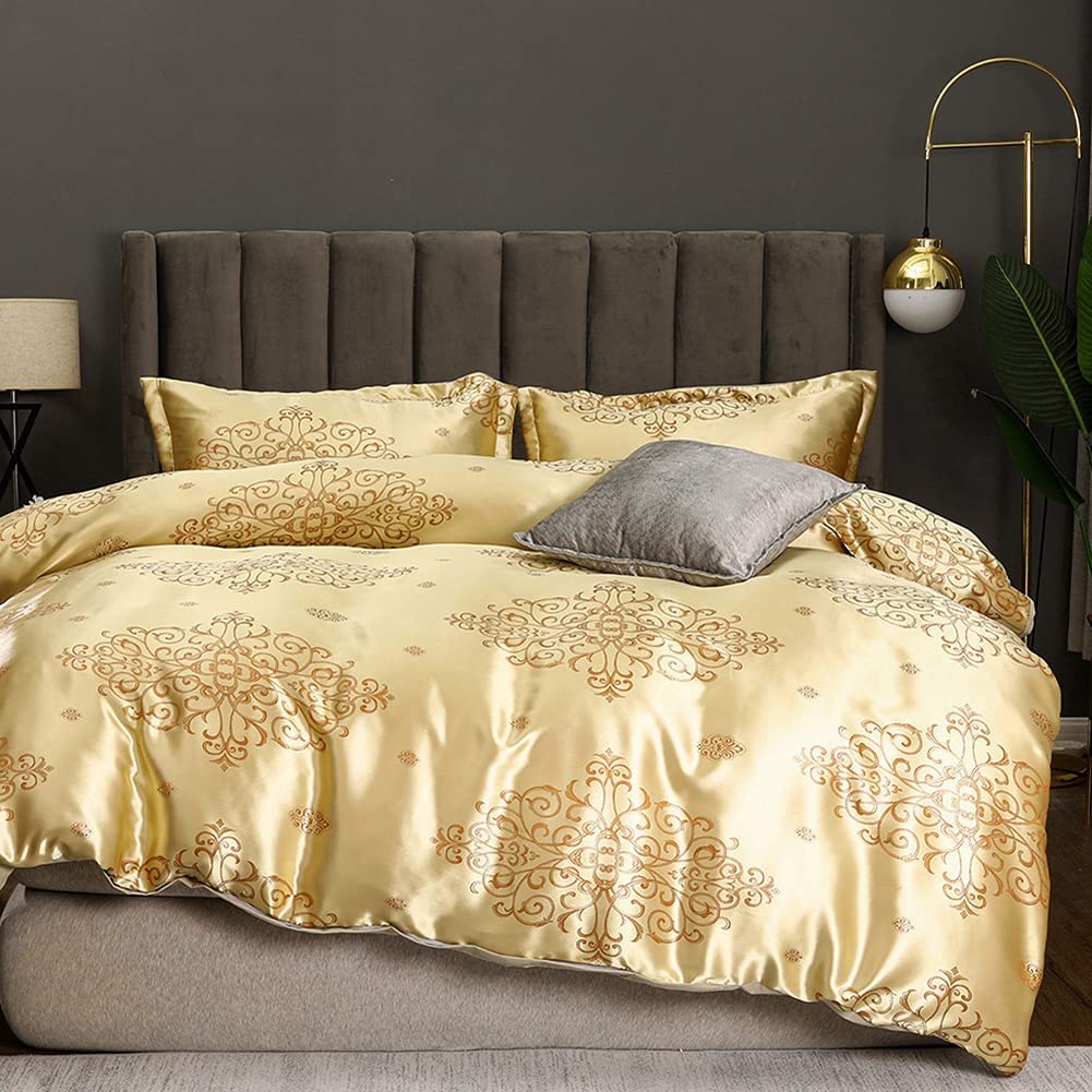 Price:$48.99 Luxury 3 Piece Jacquard Duvet Cover Set Queen Size Soft Satin Silky Bedding Comforter Cover Pillowcase Set with Zipper Closure (Gold, Queen) : Home & Kitchen