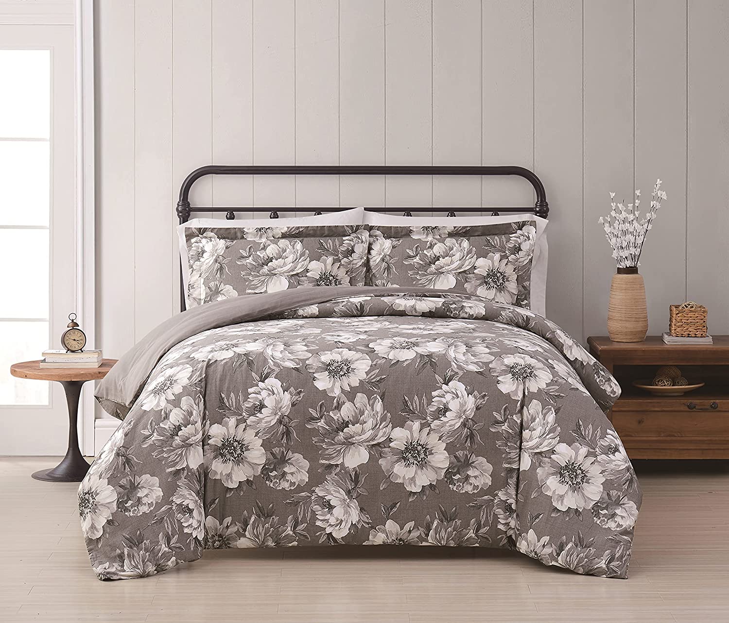 Price:$79.76 Classics - Full/Queen Rochelle Floral 3-Piece Farmhouse Style Duvet and Sham Set - Bold Floral Print - Grey : Home & Kitchen