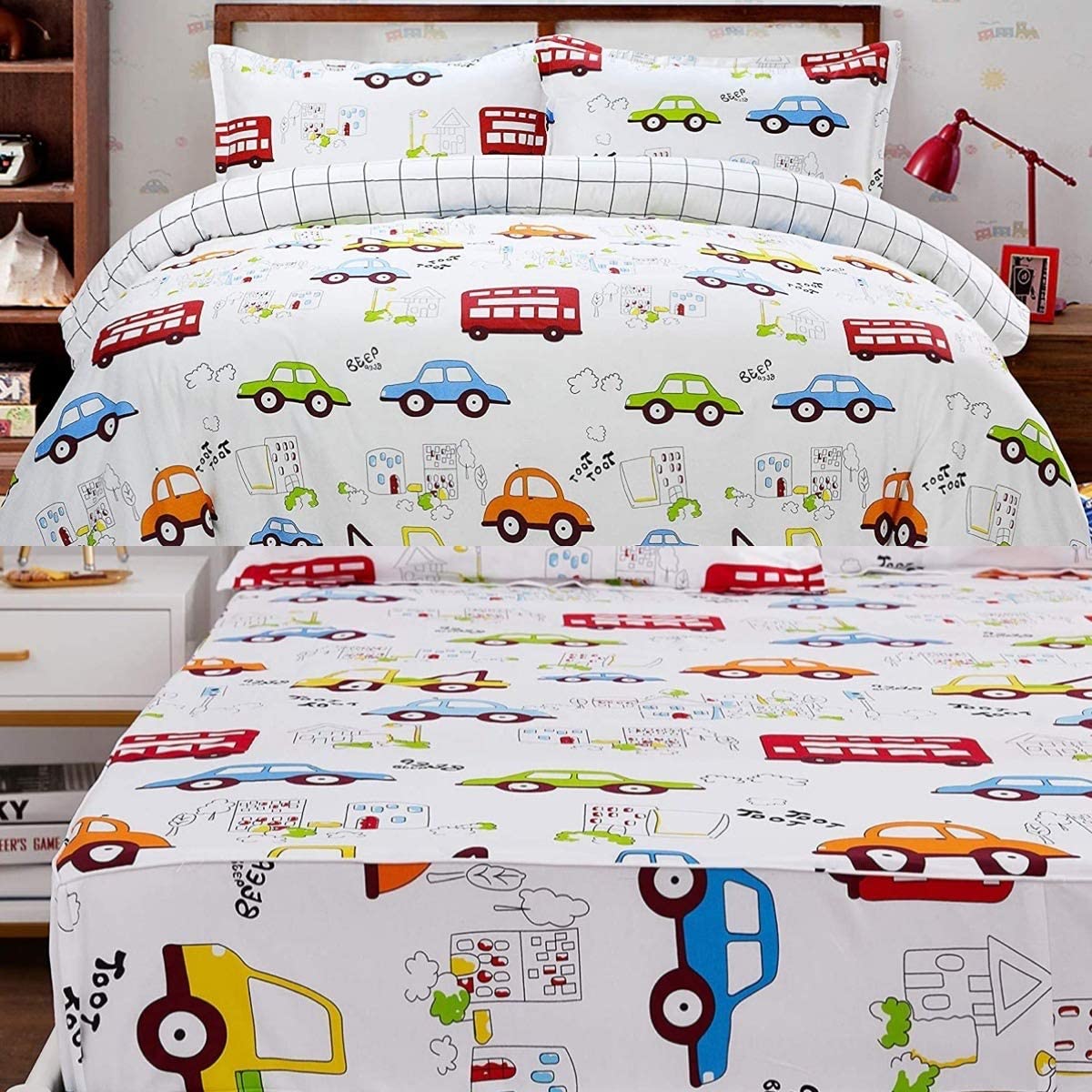 Price:$132.90 Kid Boy 7-Piece Bed in A Bag Full Size Cars Construction Bedding 100% Cotton Duvet Cover Bed Sheet Set : Home & Kitchen