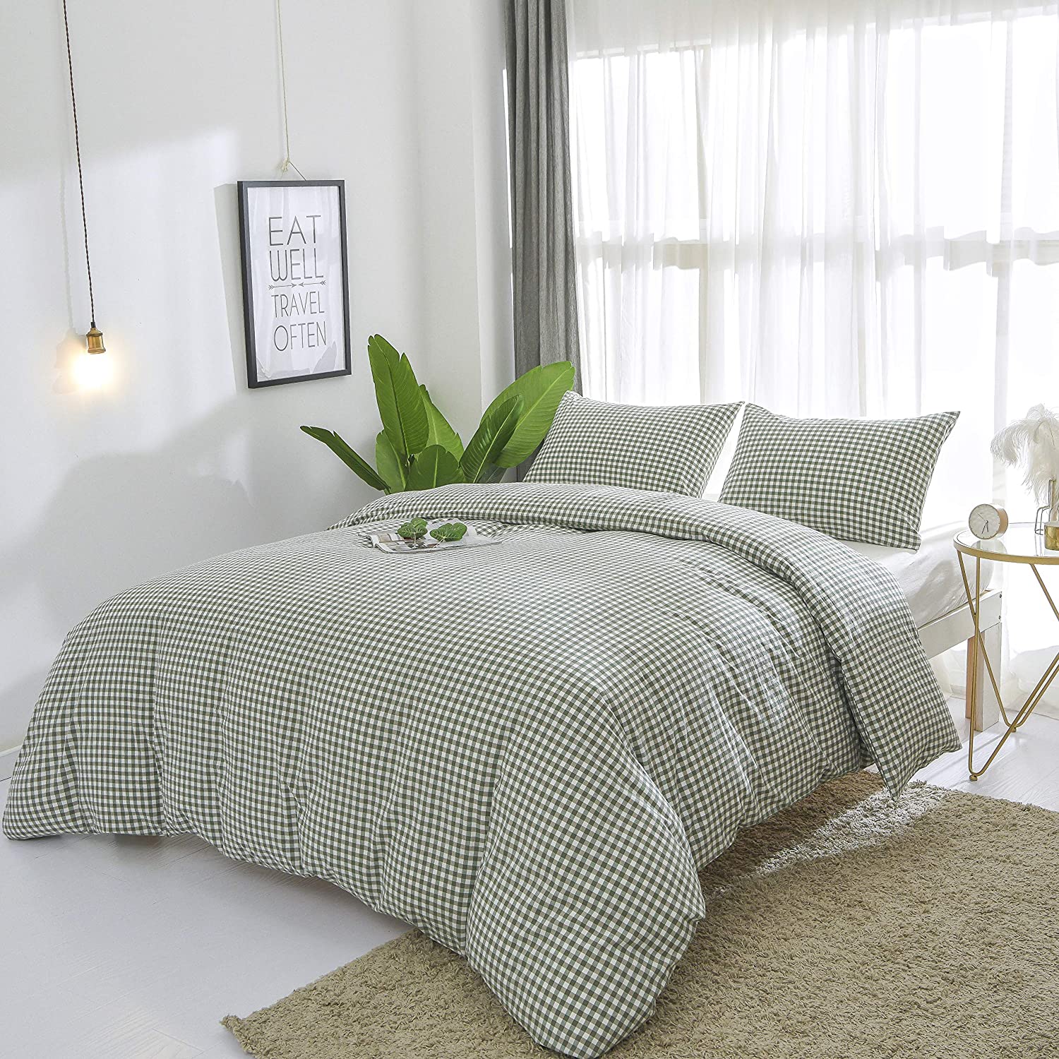 Price:$33.31 Green Duvet Cover Set King, 100% Washed Cotton Plaid Bedding Sets 3 Piece with Corner Ties and Zipper Closure, Ultra Soft and Easy Care, Suitable for Deep Sleeping (104 x 90 Inches) : Home & Kitchen