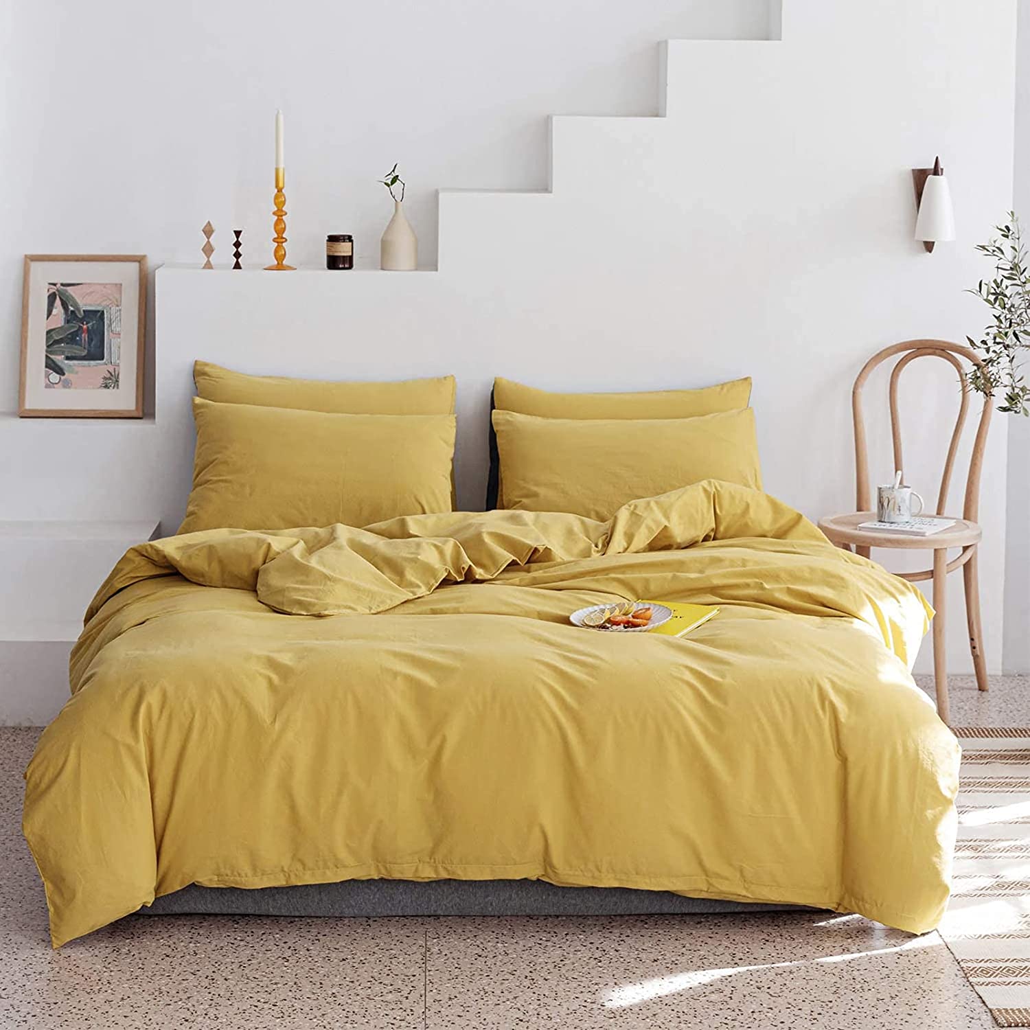 Price:$47.99 Set Solid Color Bedding Duvet Cover Set, Ultra Soft and Easy Care, Full Size Bedding Cover Set, 1 Duvet Cover, 1 Bedsheet, 2 Pillow Cover, Yellow : Home & Kitchen