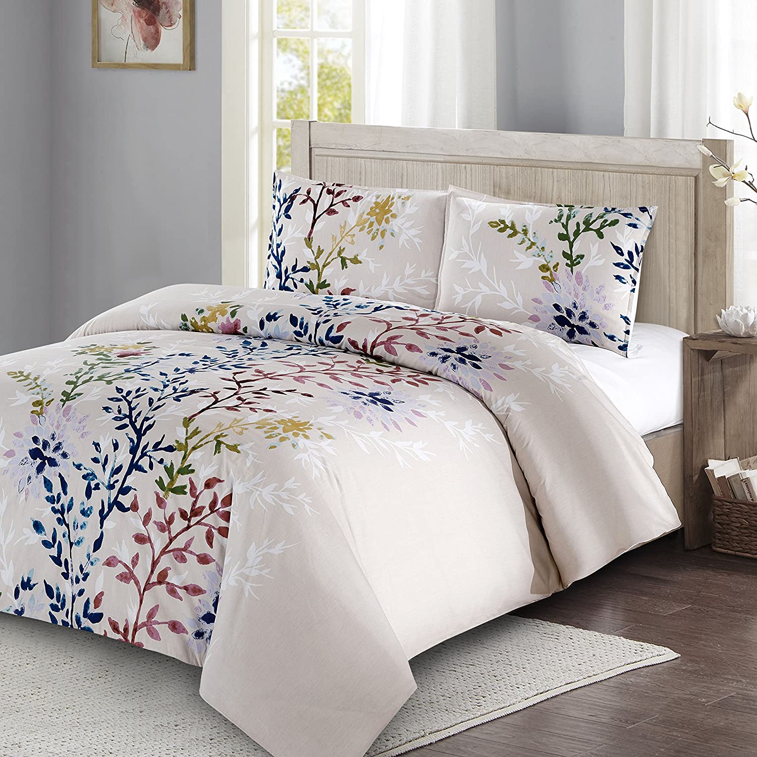Price:$46.19 Quarters Dahlia Lane 3pc Duvet Cover Set - Multi-Color Floral Stems with White Leafy Silhouettes - 100% Cotton - Machine Washable - Includes 1 Duvet Cover + 2 Shams (King) : Home & Kitchen