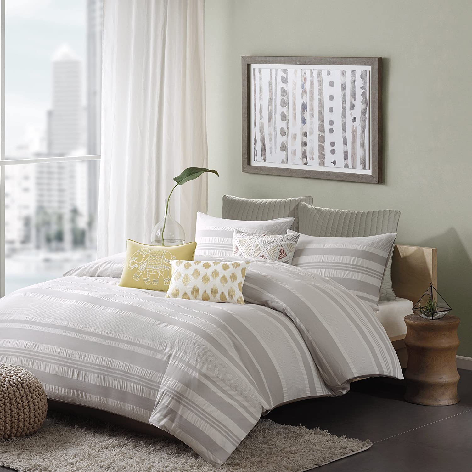 Price:$80.77 Lakeside Duvet Cover Full/Queen Size - Grey , Stripes Duvet Cover Set – 3 Piece – 100% Cotton Yarn Dye Seersucker Light Weight Bed Comforter Covers : Home & Kitchen
