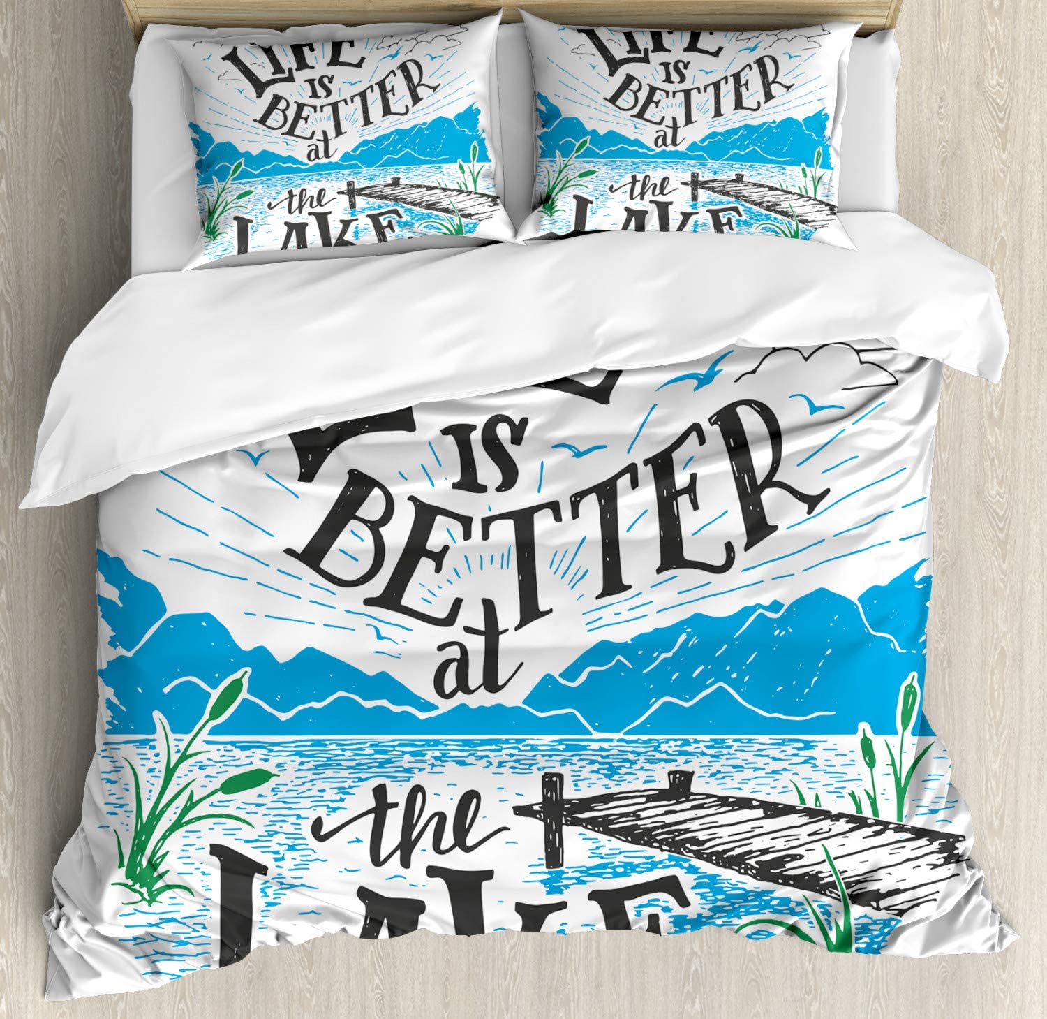 Price:$89.95 Cabin Duvet Cover Set, Life is Better at The Lake Wooden Pier Plants Mountains Sketch Art, Decorative 3 Piece Bedding Set with 2 Pillow Shams, King Size, Charcoal Grey : Home & Kitchen
