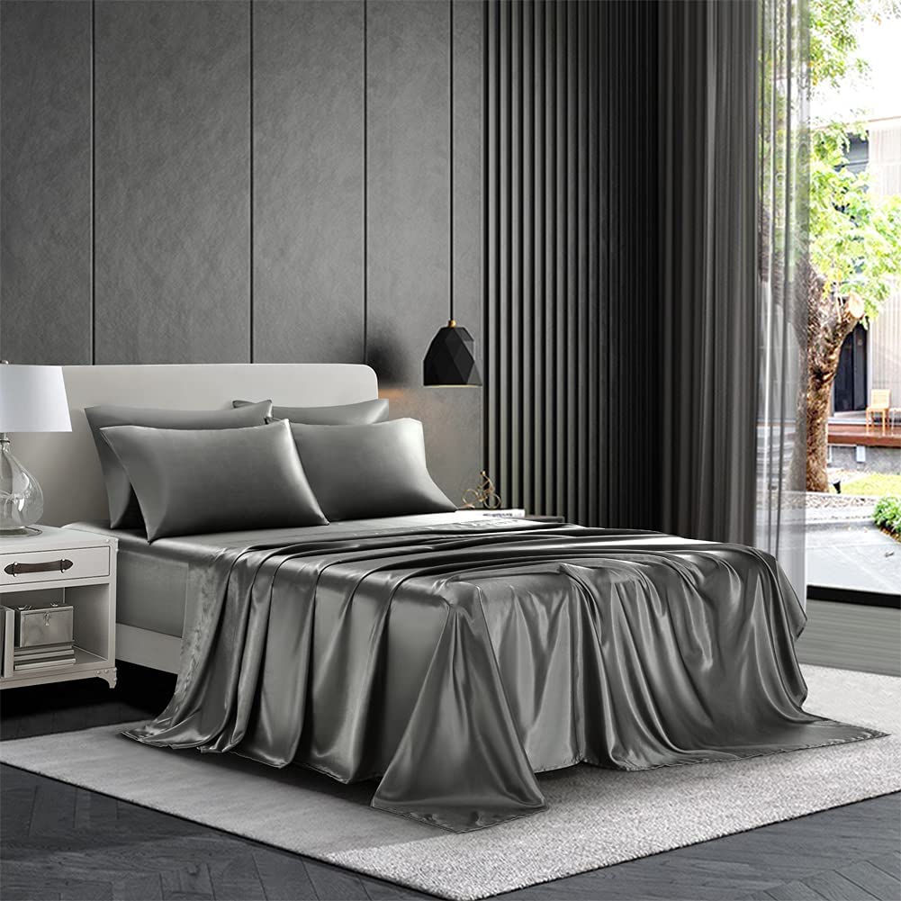 Price:$37.98 6 Piece Satin Bedding Sheet Set King Grey Deep Pocket 1800 Series Luxury Rich Silk Silky Super Soft Solid Color 4 Pillowcases Reversible Sexy Honeymoon Wrinkle Free (King,Grey) : Home & Kitchen
