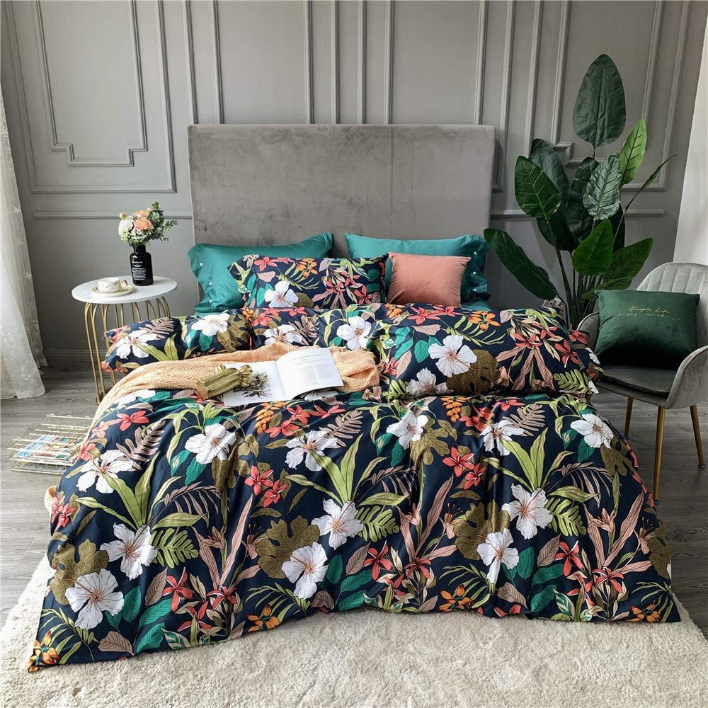 Price:$88.99 Emerald Green Vintage Floral Duvet Cover Set Tropical Botanical Floral Comforter Cover, Long Staple Cotton Bedding, with Zipper Closure & Corner Ties(3pcs, King) : Home & Kitchen