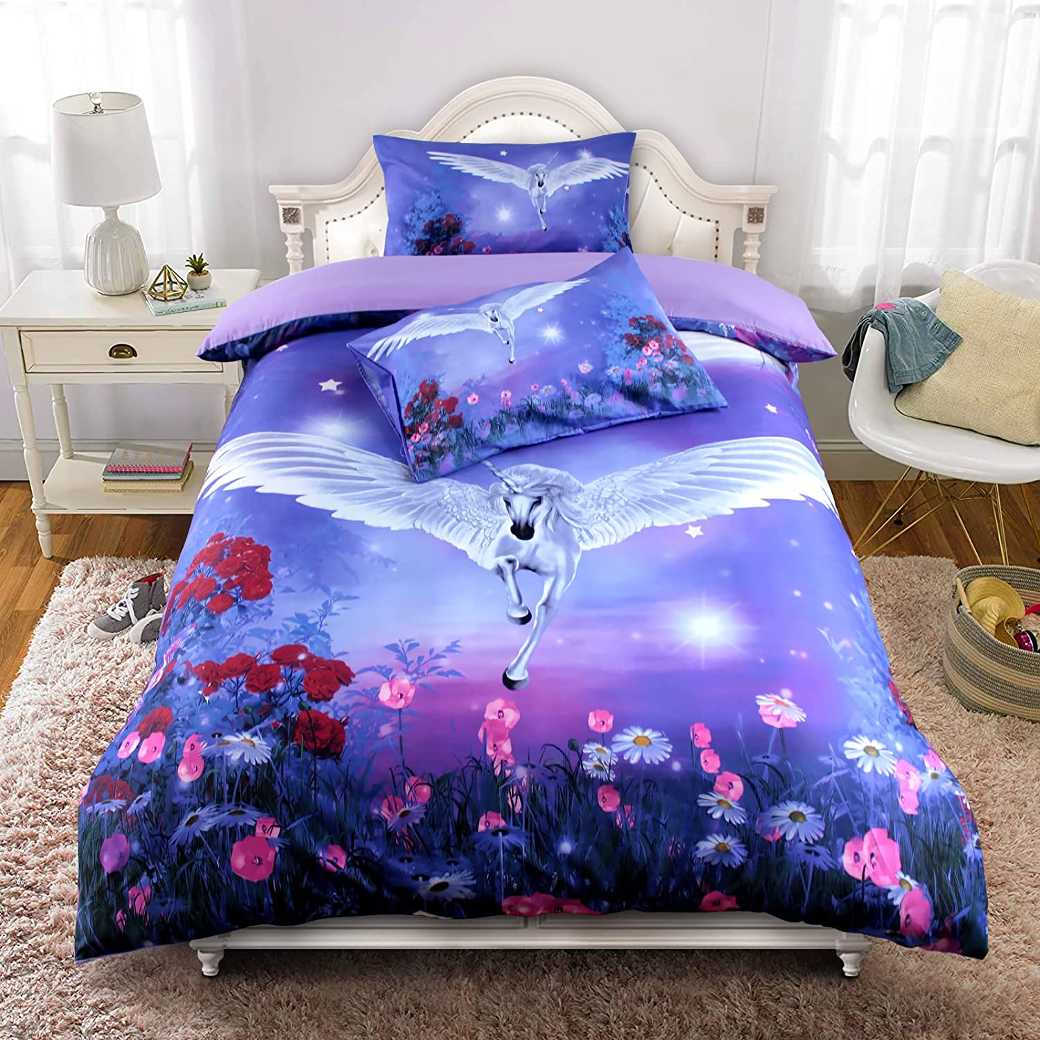 Price:$43.99 Unicorn Duvet Cover Twin (68”x 90”) Girls Purple Flower Quilt Cover Kids Bedding Comforter Cover with 2 Pillowcases (19”x29”) : Home & Kitchen