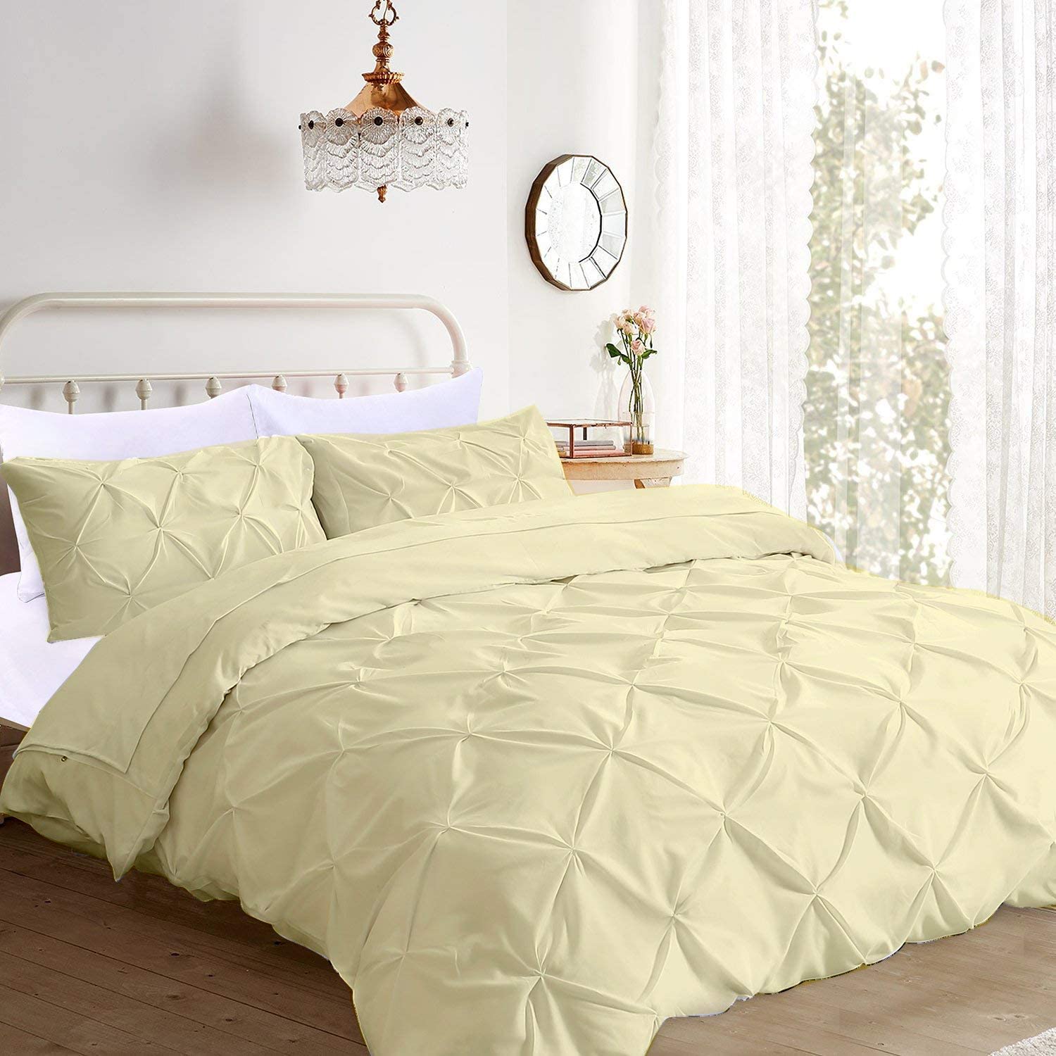 Price:$79.00 Pinch Pleated 3Pcs Duvet Cover Set Zipper & Corner Ties 100% Egyptian Cotton 600TC Luxurious Premium Quality & Pintuck Decorative Duvet Cover (Queen/Full 90x90, Ivory) : Home & Kitchen