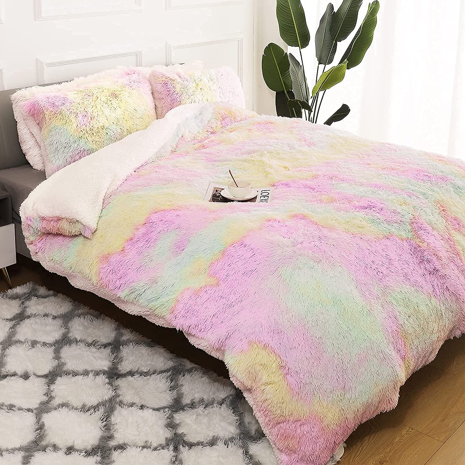 Price:$39.99 Luxury Shaggy Rainbow Duvet Cover Set 4 Pieces, Ultra Soft Plush Faux Fur Comforter Cover Sets, Furry Rainbow Bedding Sets King Size, 1 Duvet Cover, 1 Fitted Sheet and 2 Pillowcases : Home & Kitchen