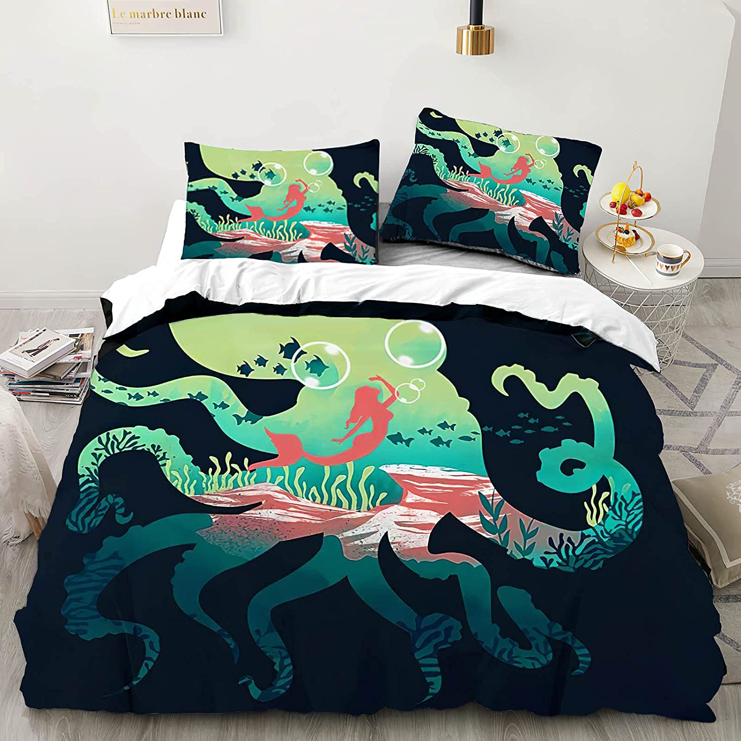 Price:$27.99 Cover Twin OWL QUEEN 3 Pieces Bed Set Soft Washed Microfiber Printed Comforter Cover Mermaid Octopus Bedding for Kids Boy with 2 Pillowcases 86x70 Inches : Home & Kitchen