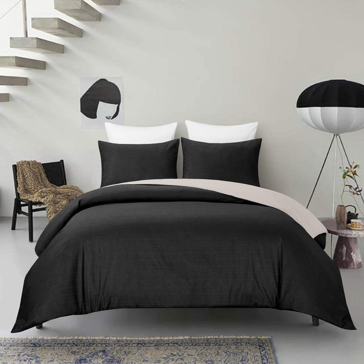 Price:$32.99 3 Pieces Brushed Fabric Reversible Embossed Texture Duvet Cover Pillowcases Set Comforter Cover Bedding Set with Corner Ties, Black, King : Home & Kitchen