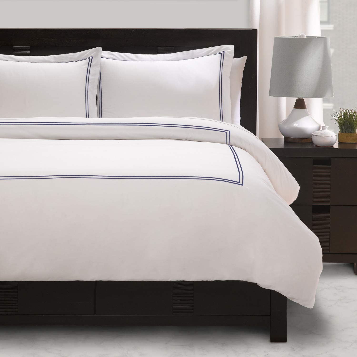 Price:$59.99 Jayne Home PENTHOUSE Collection Bedroom 3 Piece Duvet Cover Set with Satin Stitching, Full/Queen, Navy : Home & Kitchen