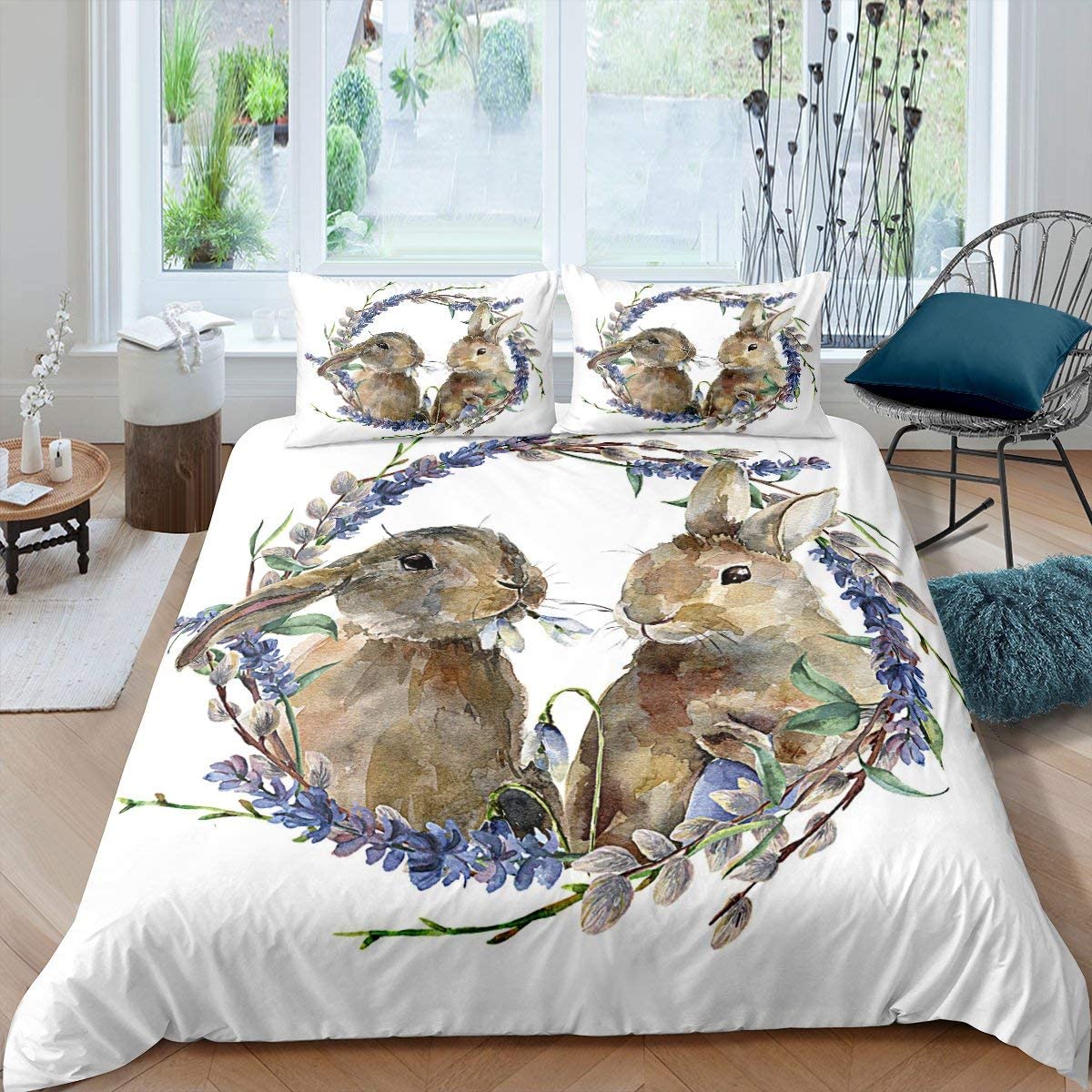 Price:$19.99 Kids Cartoon Rabbit Duvet Cover Cute Couple Bunnies Bedding Set for Boys Girls Kawaii Animal Comforter Cover Lovely Floral Circle Decor Bedspread Cover Room Decor 3Pcs King Size,Zipper : Home & Kitchen