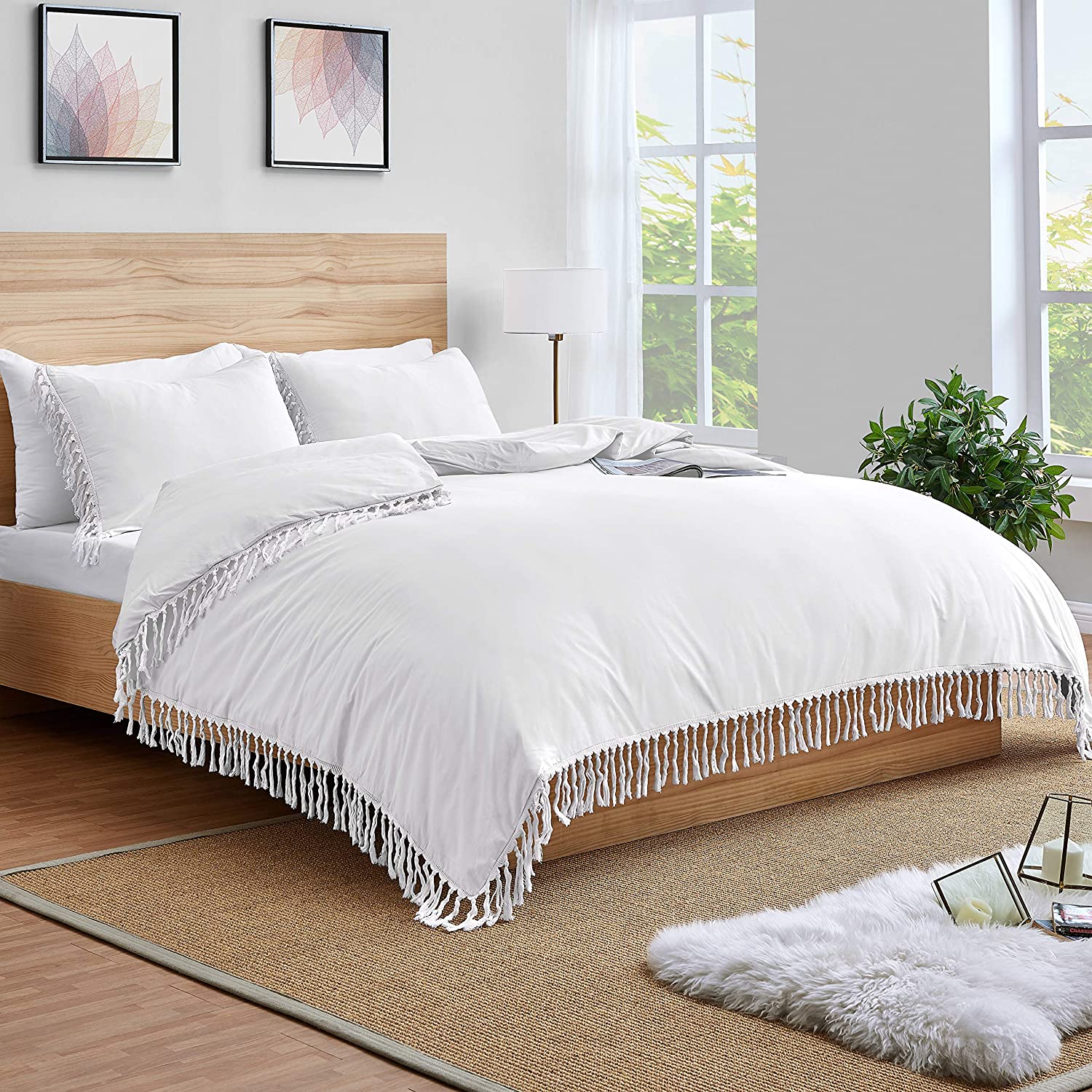 Price:$46.99 & Me Bohemian Boho Chic White Macrame Tassel 3 pc. Full/Queen Size Bed Bedding Duvet Comforter Cover and Sham Set Solid Cotton Fringe Textured Tufted Luxury Minimalist Farmhouse Indie : Home & Kitchen