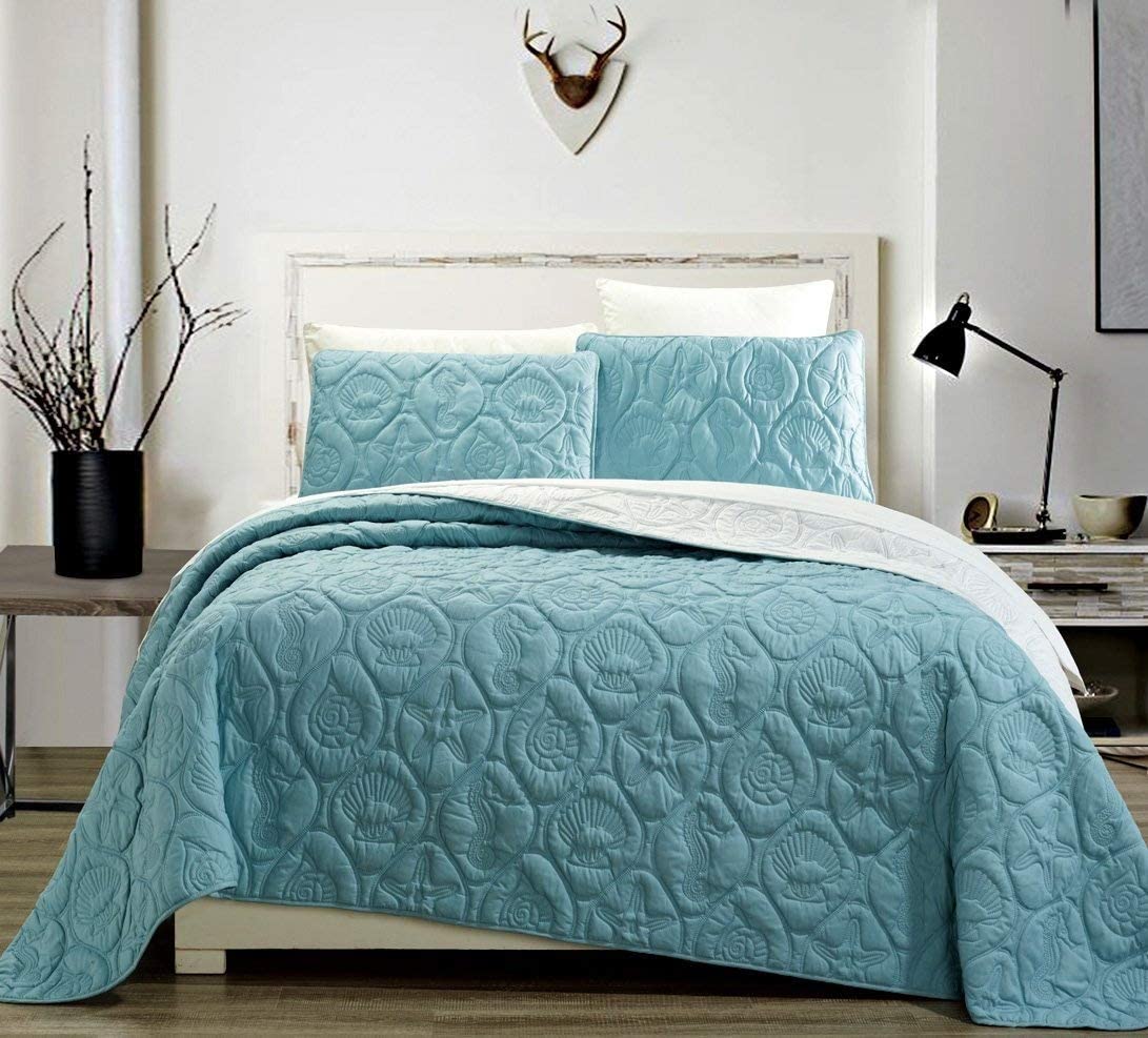 Price:$54.10 Linen 3-Piece Tropical Coast Seashell Beach Queen/Full Oversize Oversize Bedspread SEA Blue/White Reversible Coverlet Embossed Bed Cover Set. Sea Shells, Sea Horse, Starfish etc. : Home & Kitchen