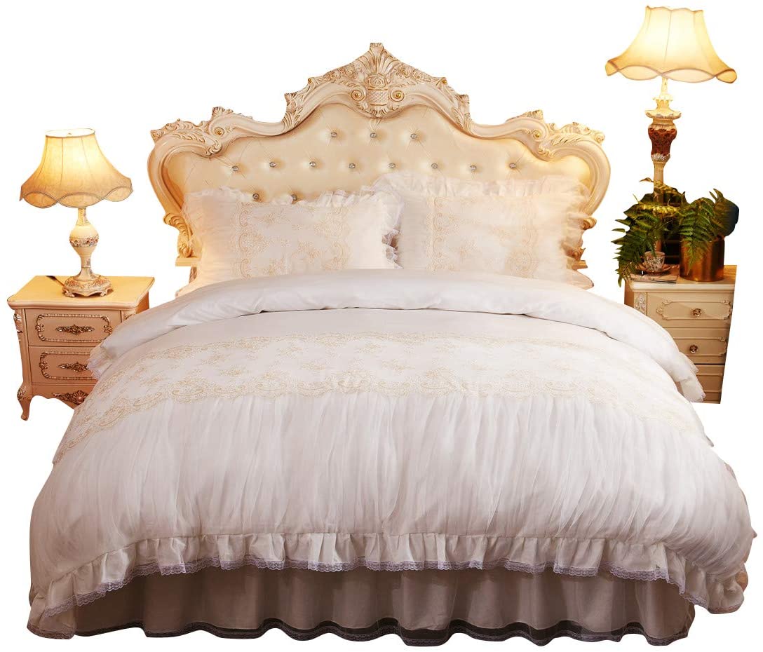 Price:$67.99 3PCS Girls Duvet Cover Set Romantic Embroidered Lace Ruffled Princess Quilt Cover Set Egyptian Cotton Comforter Cover Set King Size (1Duvet Cover, 2Pillowcases) : Home & Kitchen