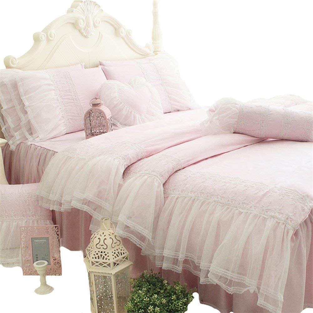 Price:$149.00 Pink Girl Bed Set 100% Cotton Princess Ruffled Lace Duvet Cover Sets (Duvet Cover+Bed Skirt+Pillow Cases) Queen : Home & Kitchen