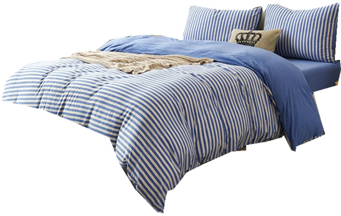Price:$119.69 Stripe Print 4Pcs Cotton Jersey Knit Duvet Cover Set Navy Blue King Queen Full Size Fitted Sheet (Queen) : Home & Kitchen