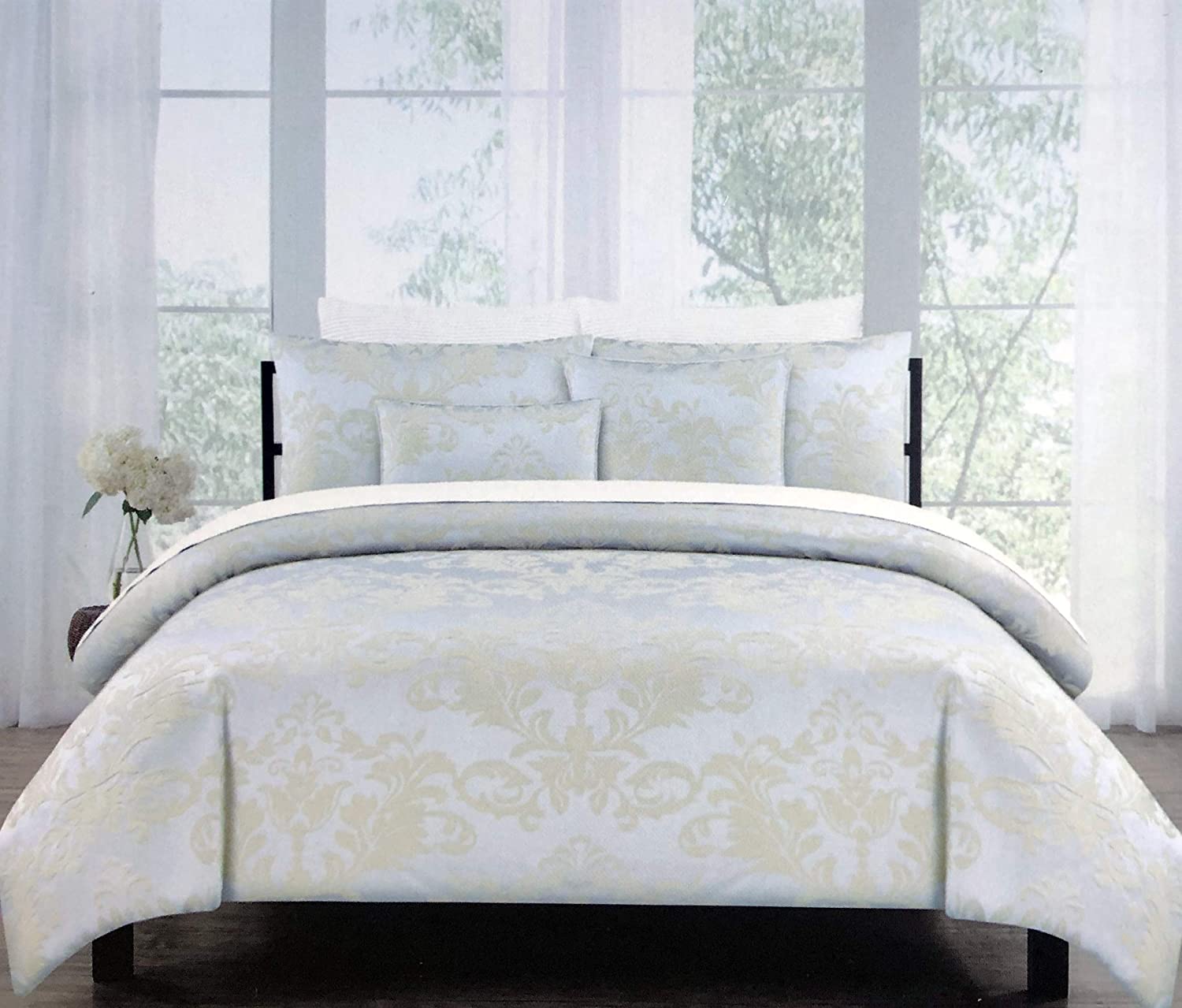 Price:$119.99 3pc Duvet Cover Set Woven Textured Jacquard Damask Medallion Pattern Tan/Beige on Silver Quilt Comforter Cover 100% Cotton Luxury, Belleville Damask (Full/Queen) : Home & Kitchen