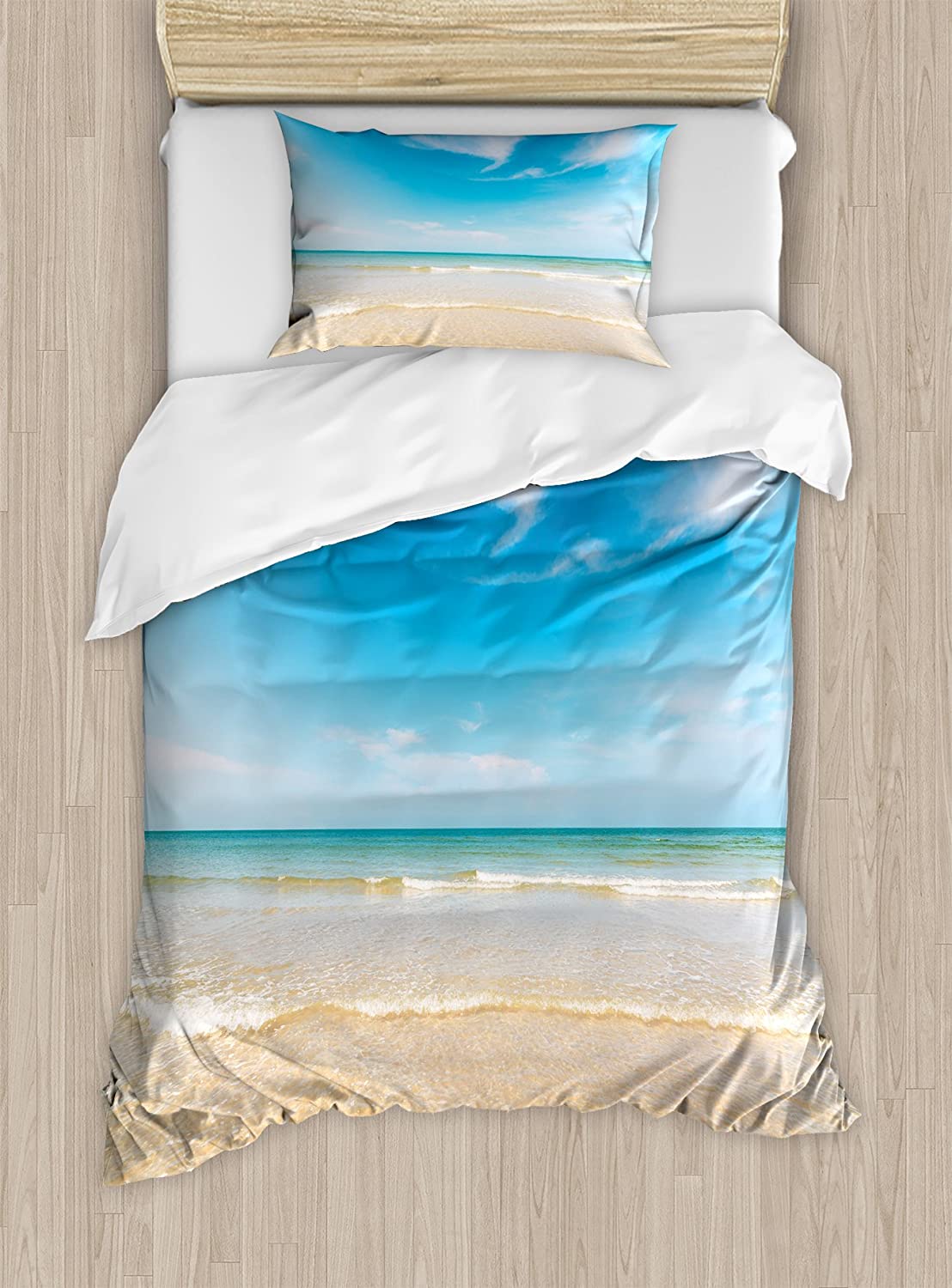 Price:$59.95 Ocean Duvet Cover Set, Sea and Sky Landscape at Beach in Tropical Exotic Hawaiian Caribbean Lands, Decorative 2 Piece Bedding Set with 1 Pillow Sham, Twin Size, Cream Blue : Home & Kitchen