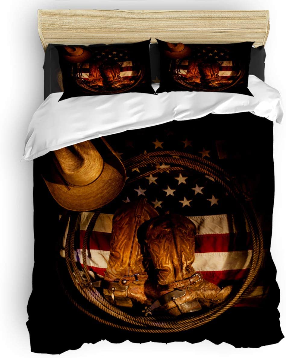 Price:$118.53 HOME DAY American West Cowboy Bedding Sets Full Ultra Soft 4 Pieces Duvet Cover Set with Decorative 2 Pillow Shams Bedspread Bed Sheets Patriotic USA Flag : Home & Kitchen