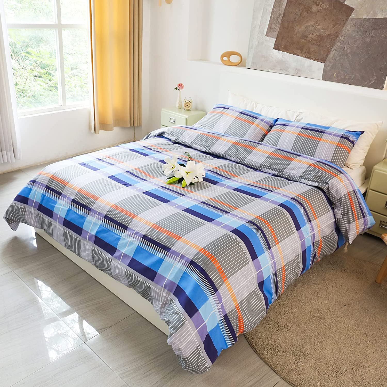 Price:$34.99 Duvet Cover Set 100% Washed Cotton,3 Pieces (1 Duvet Cover & 2 Pillow Sham),Gray,Soft Breathable Washed Duvet Cover with Zipper Closure and 4 Corner Ties(Queen) : Home & Kitchen