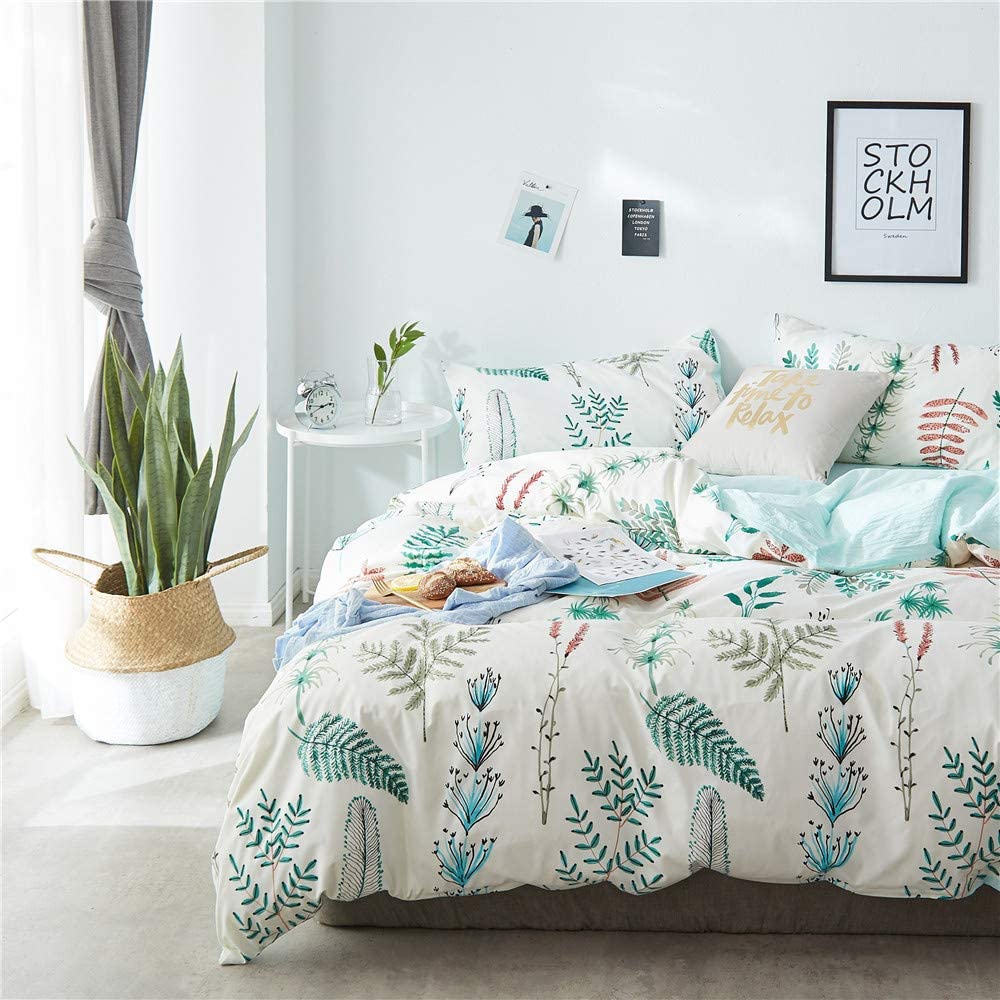 Price:$48.00 Duvet Cover Queen Size Ferns Bedding Set for Child Boys and Girls Lightweight Bed Quilt Cover Polyester Print White Bedding Aqua Blue Reversible : Home & Kitchen