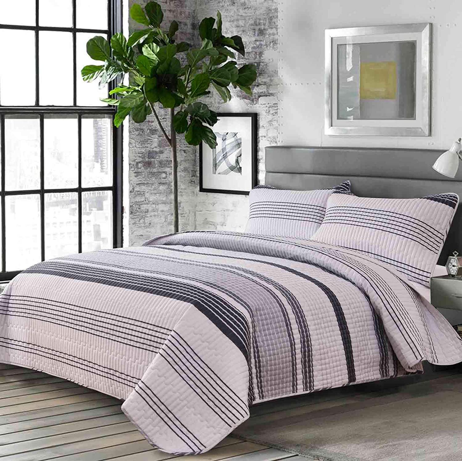 Price:$37.99 Quilt Sets Queen Size 3PC , Bedspreads Coverlet, Quilts Clearance Bedding Set , Boho White and Grey Gray Striped Printed pattern - Lightweight Soft Microfiber Modern Style for Men Women Bohemian : Home & Kitchen