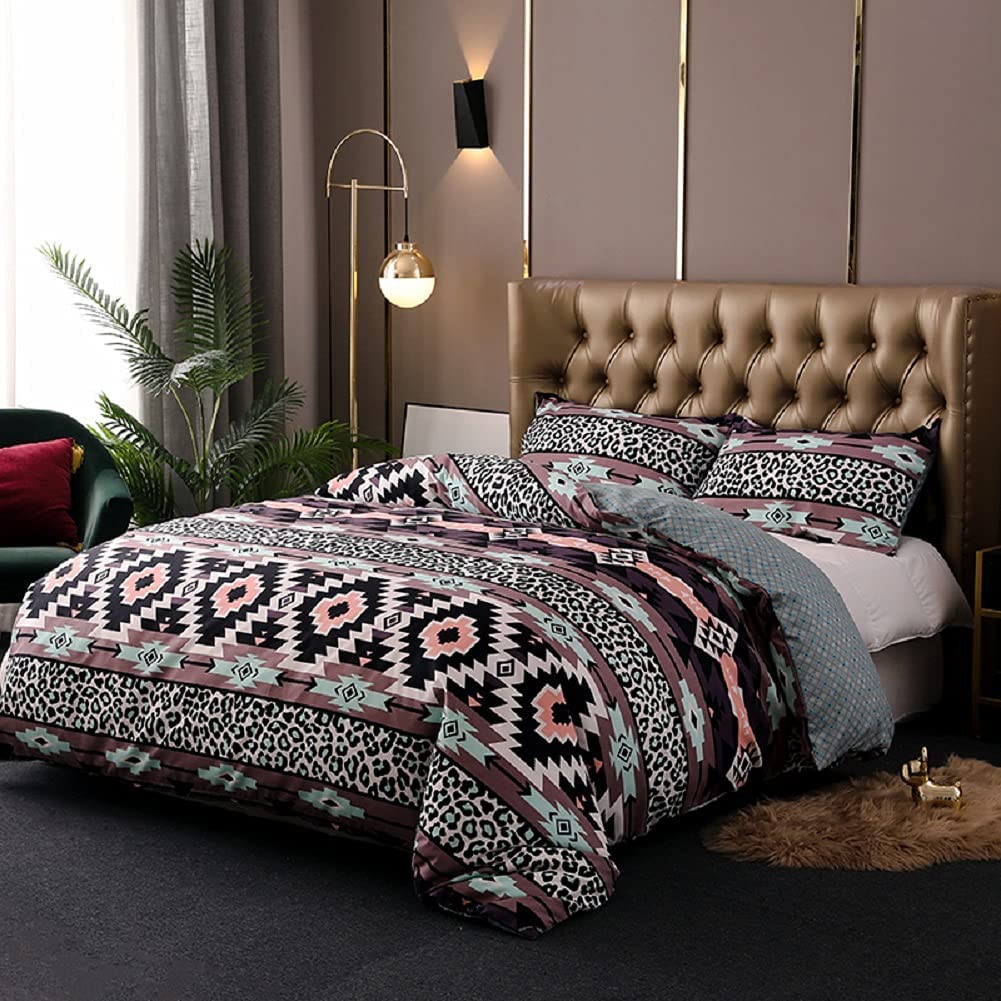 Price:$46.99 Southwestern Bedding Sets Full/Queen Bohemian Vintage Aztec Diamond Design Duvet Cover Leopard Print Comforter Cover Microfiber Bedding Green Black : Home & Kitchen