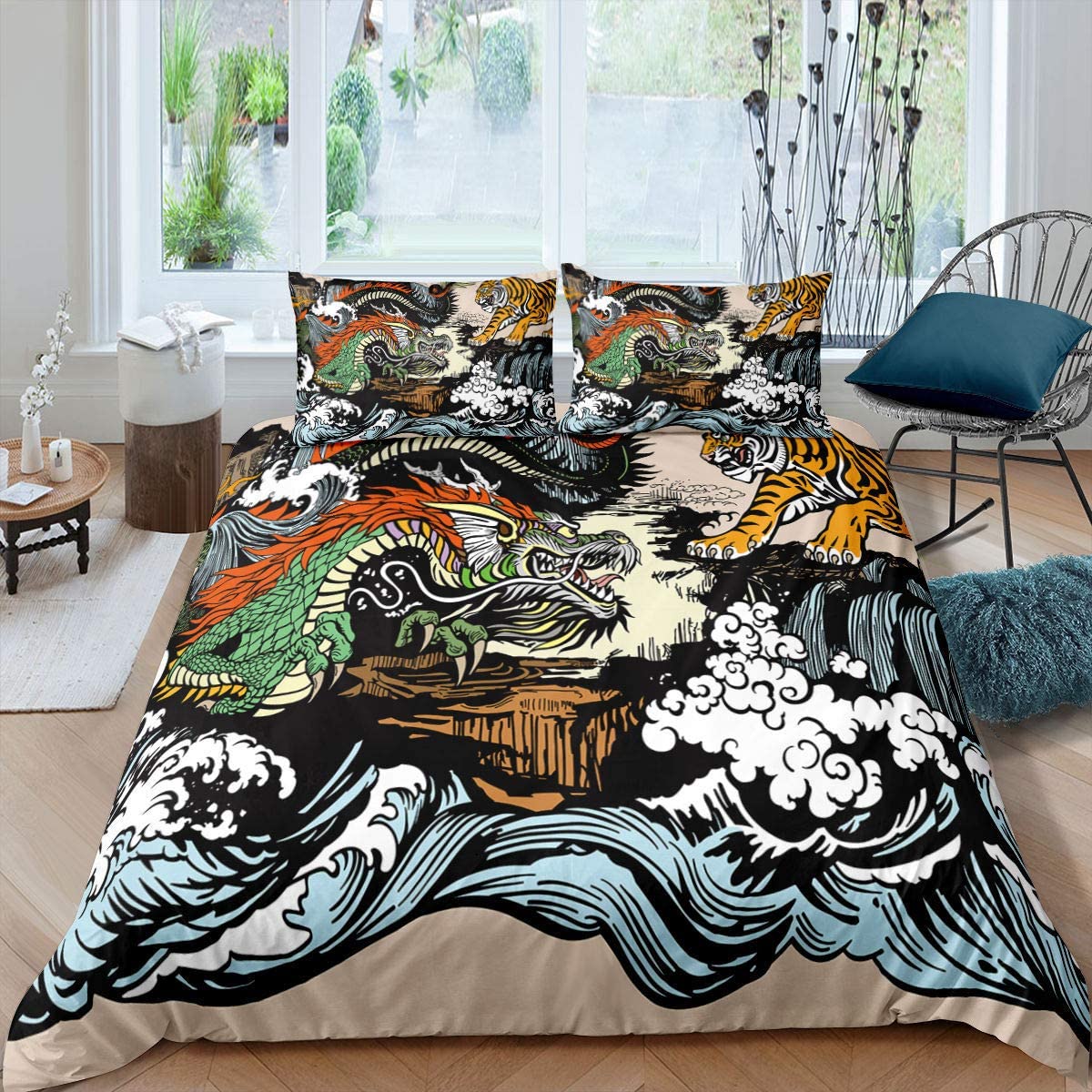 Price:$45.00 Comforter Cover Queen Japanese-Style Dragon Pattern Duvet Cover Ukiyo-e Theme Wave Printed Cool Animal Bedding Set with Zipper Ties Soft Microfiber Quilt Set,1 Duvet Cover with 2 Pillowcases : Home & Kitchen