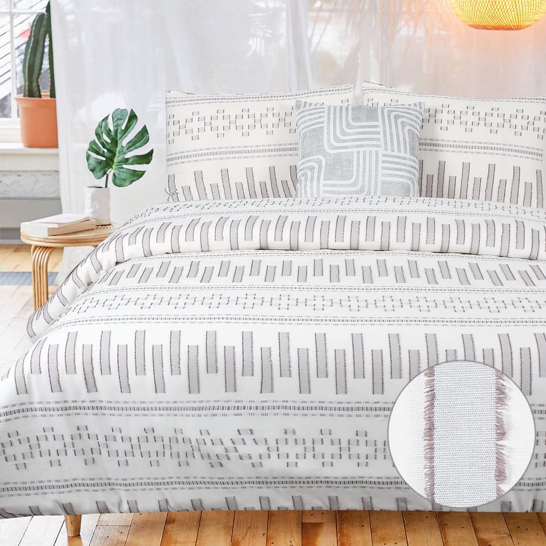 Price:$39.99 Ivory Duvet Cover Boho Queen Grey Tufted Textured Farmhouse Modern Cream Clipped Jacquard Geometric Ethnic Yarn Dyed Moroccan Mid Century Aztec Bedding Set 90x90 : Home & Kitchen
