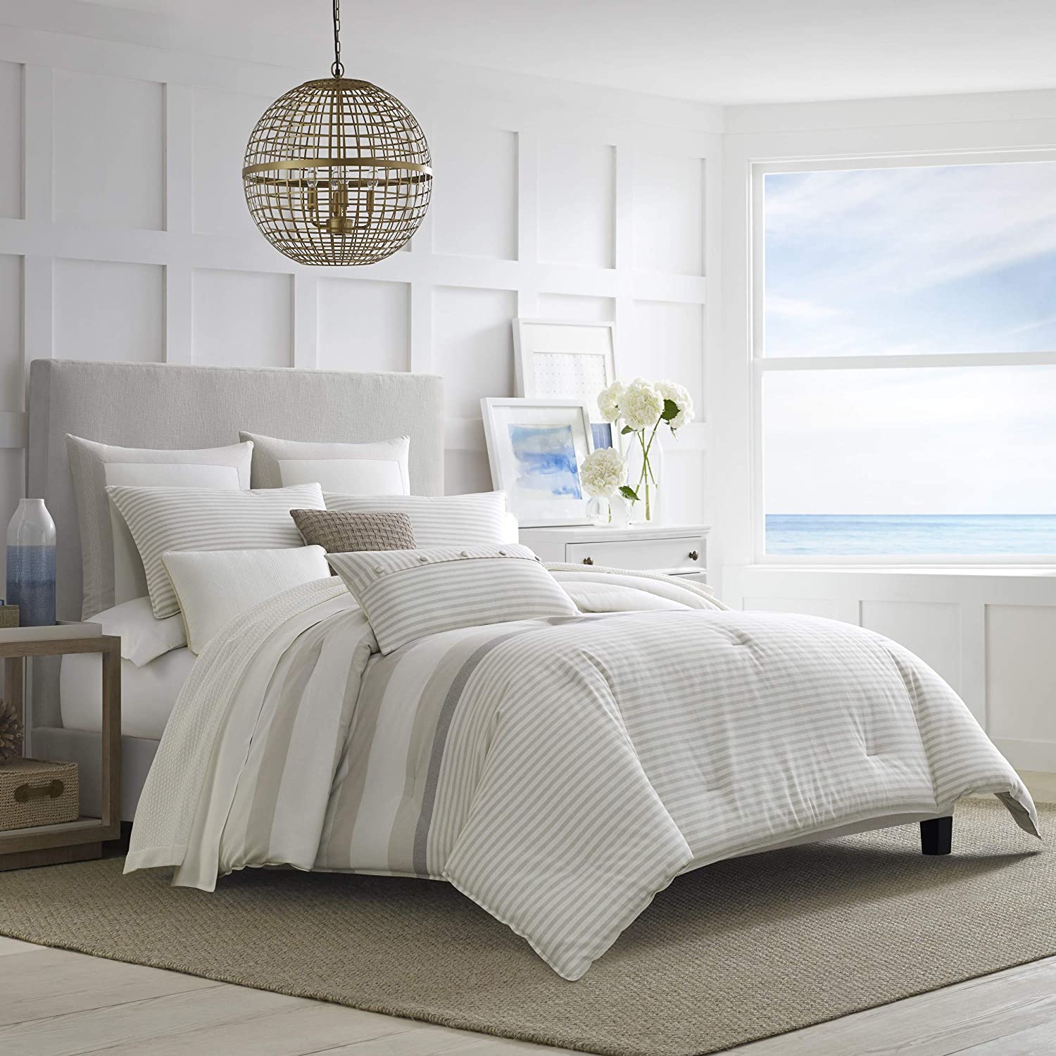 Price:$149.99 | Saybrook Collection | 100% Cotton Cozy & Soft, Durable & Breathable Striped Reversible Duvet Cover with Matching Shams, 3-Piece Bedding Set, Queen, Beige : Everything Else