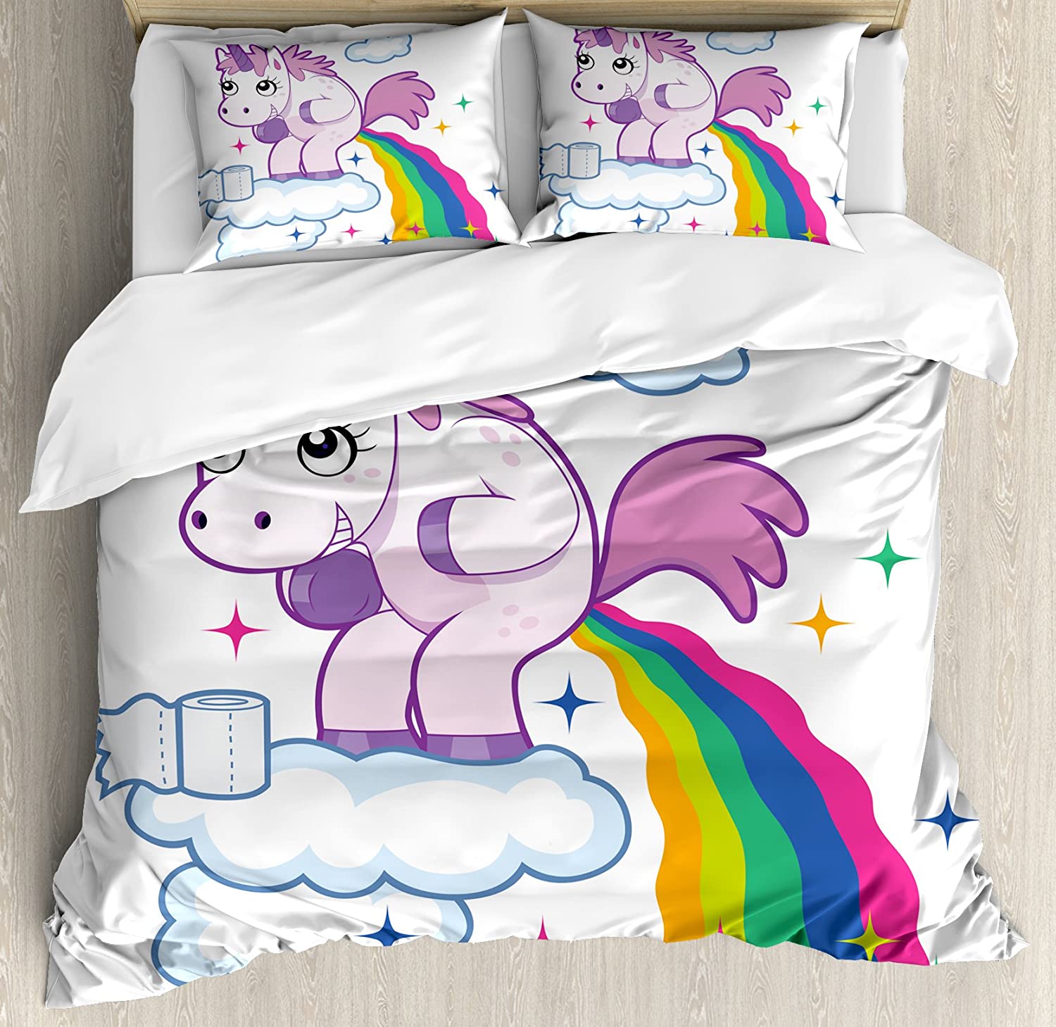 Price:$79.95 Funny Duvet Cover Set, Unicorn Pooping Rainbow Over Clouds Creative Girls Fantasy Cartoon, Decorative 3 Piece Bedding Set with 2 Pillow Shams, Queen Size, Pale Purple : Home & Kitchen