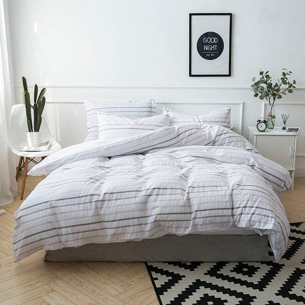 Price:$59.99 Seersucker Duvet Cover Set Queen ,100% Cotton Yarn Dyed Seersucker Woven Striped Comforter Cover with 2 pillowshams 3 Pieces Bedding Set-- Queen