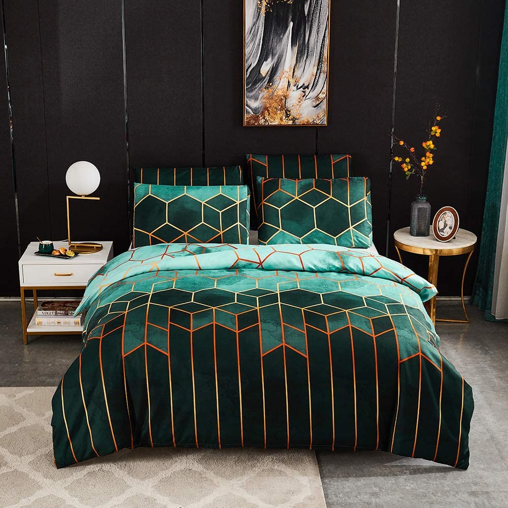 Price:$35.99 Queen Size Geometric Duvet Cover Set Microfiber Polyester Green Diamond Bedding Comforter Cover with Gold Line Light and Dark Green Gradient Bedding Sets Breathable Luxurious Quilt Cover : Everything Else