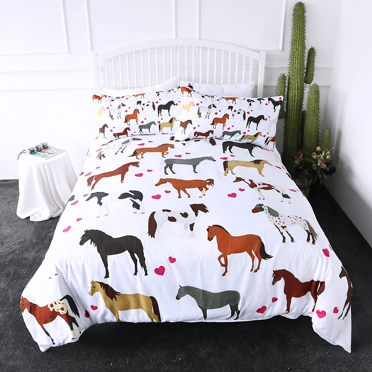 Price:$38.58 Horse Bedding Kids Girls Pretty Ponies Duvet Cover 3 Pieces Cartoon Farm Animals Red Heart Bed Set (Twin) : Home & Kitchen