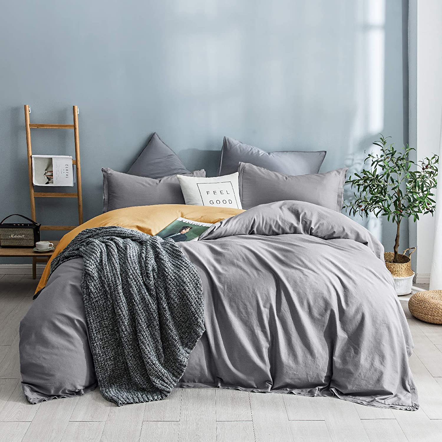 Price:$19.99 Cotton Duvet Cover Set King Size, 3pcs Solid Reversible Comforter Cover Set ,Soft Washed Cotton Bedding Cover for Kids and Adult 104"x90" ,Gray and Yellow : Home & Kitchen