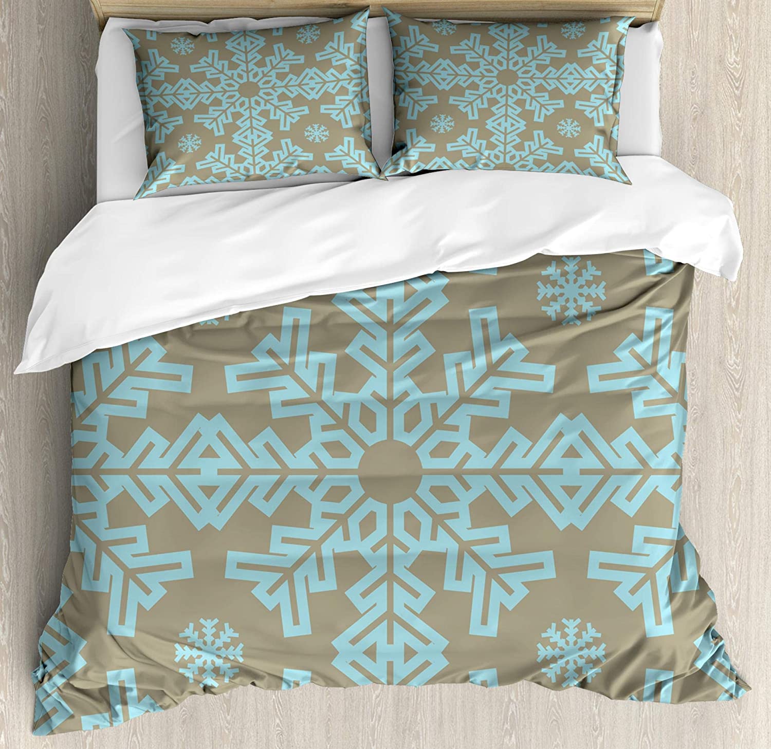 Price:$47.98 Winter Duvet Cover Set, Western Snowflake Yule Motif Christmas Traditional, Decorative 3 Piece Bedding Set with 2 Pillow Shams, Queen Size, Warm Taupe and Pale Blue : Home & Kitchen
