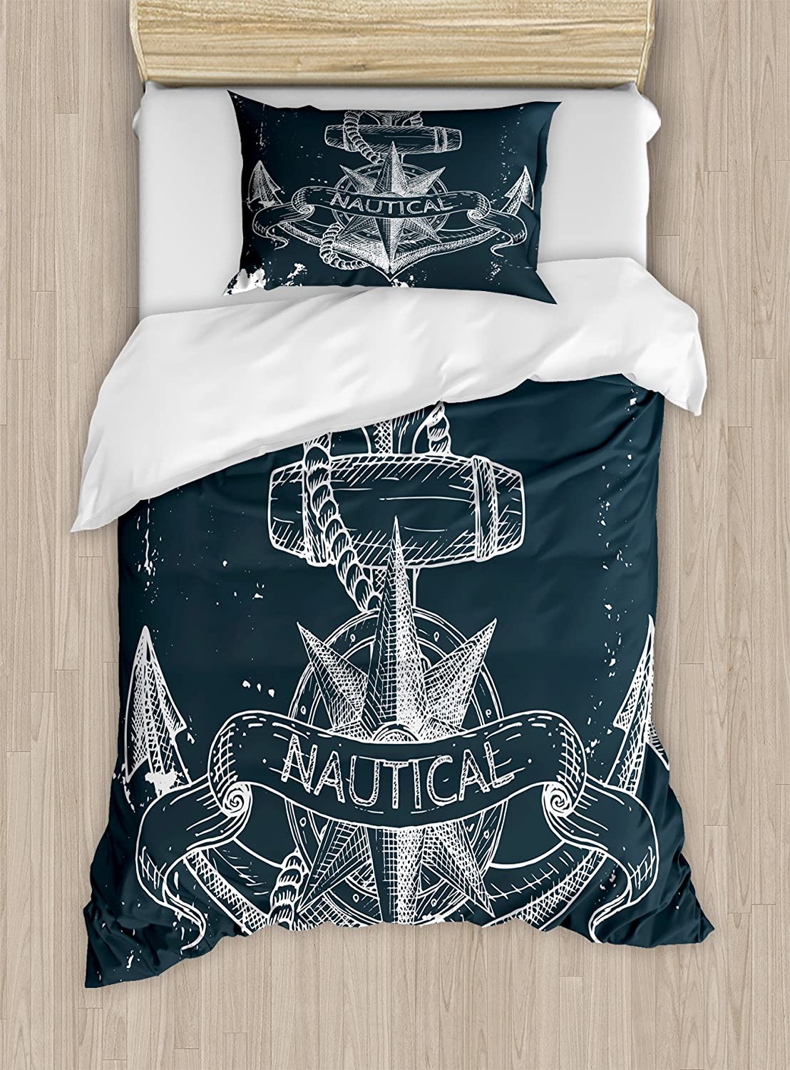 Price:$59.95 Marine Duvet Cover Set, Nautical Knot Compass Anchor Pattern Sea World Ocean Life Grunge Illustration, Decorative 2 Piece Bedding Set with 1 Pillow Sham, Twin Size, Blue White : Home & Kitchen