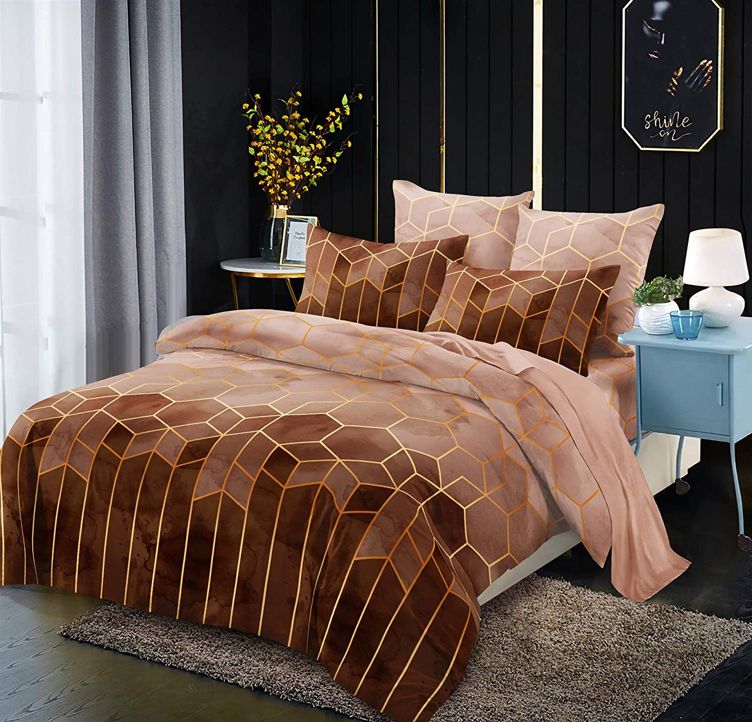 Price:$22.99 Honeycomb Duvet Cover Set Queen Size Modern Geometric Bedding Set 3pcs for Boys Teens Room Decor Gold Hexagon Print Comforter Cover Brown Gradient Reversible Quilt Cover with 2 Pillowcases : Home & Kitchen