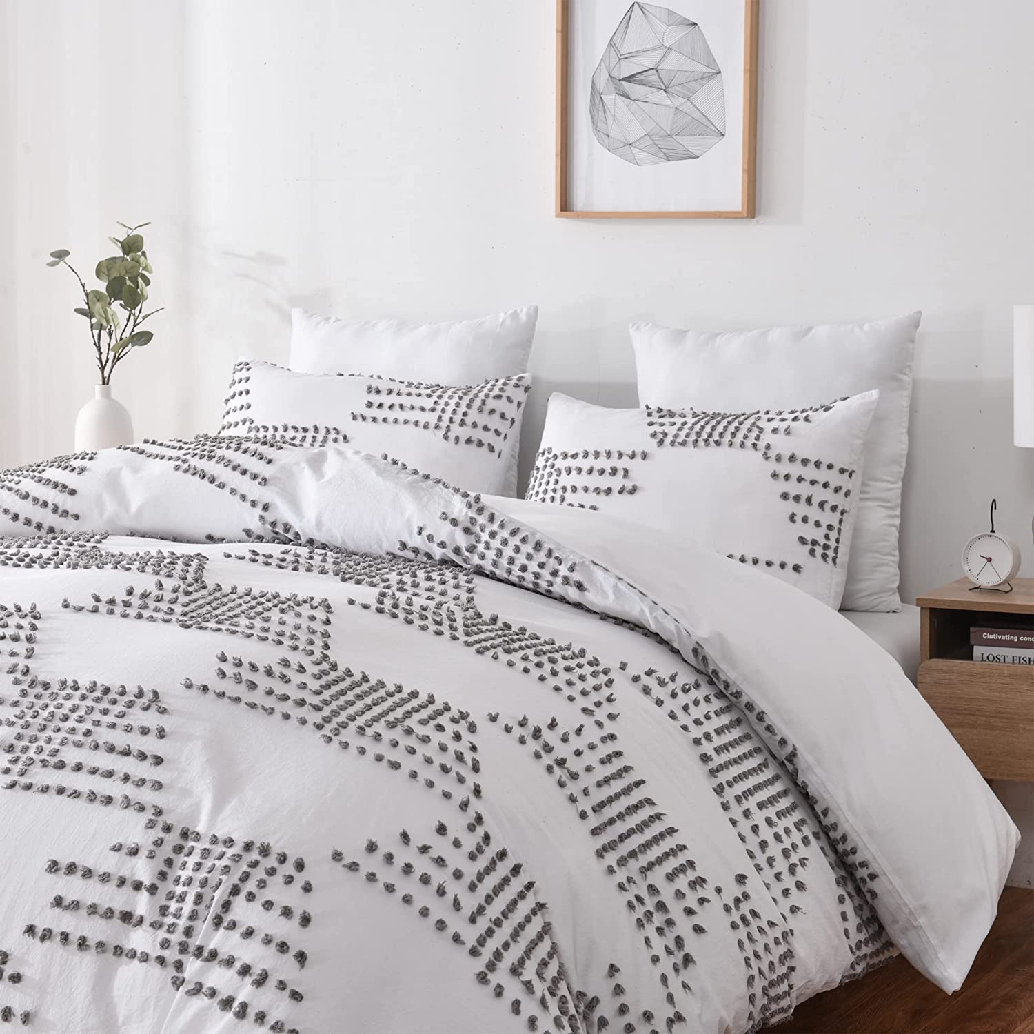 Price:$79.99 Washed Cotton Textured Duvet Cover King Size Bedding Set,Duvetex Soft Breathable Dots Clipped Geometric Jacquard Pattern Down Comforter Quilt Cover and Shams,Button Closure&Corner Ties : Home & Kitchen