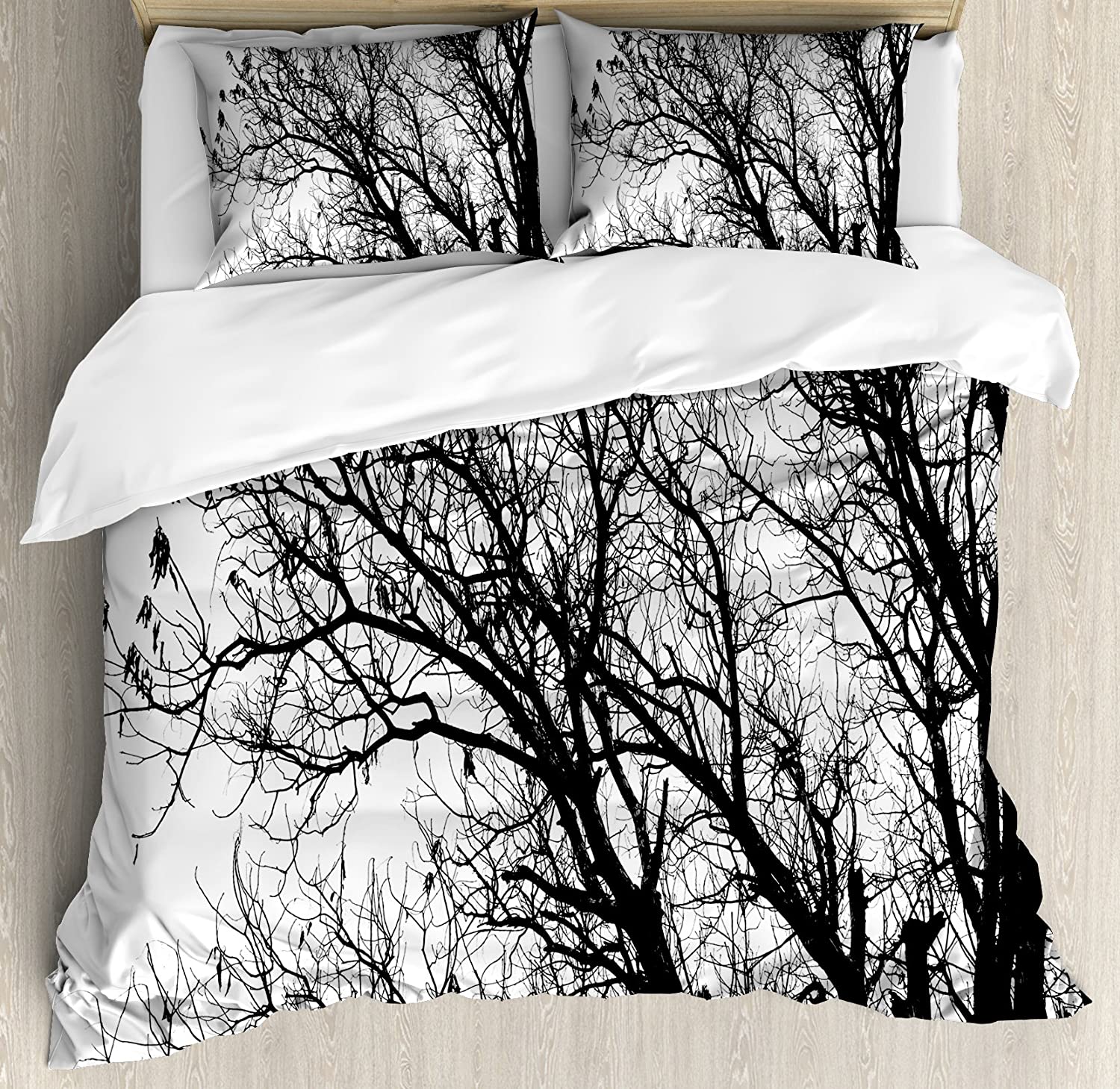 Price:$79.95 Nature Duvet Cover Set, Leafless Autumn Fall Tree Branches Tops Oak Forest Woodland Season Eco Theme, Decorative 3 Piece Bedding Set with 2 Pillow Shams, Queen Size, Black White : Home & Kitchen