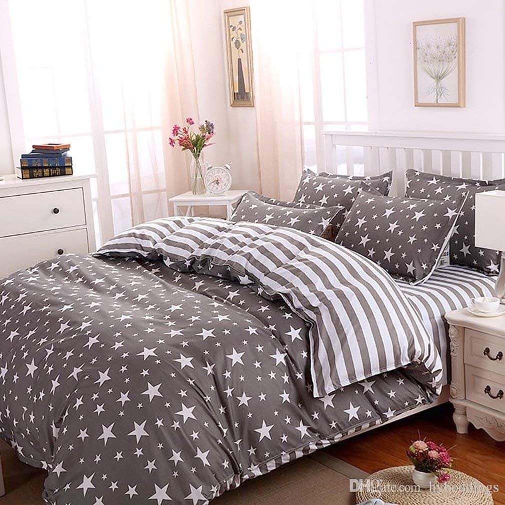 Price:$79.50 Space Star Print Duvet Cover and Pillowcases Set Twin Full Queen or King Reversible Black and White Modern Bedding (King, Grey) : Home & Kitchen